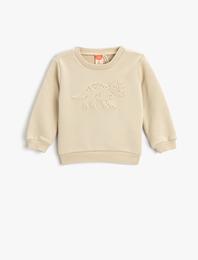Dinozorlu Sweatshirt Kabartma Baskılı Uzun Kollu Bisiklet Yaka