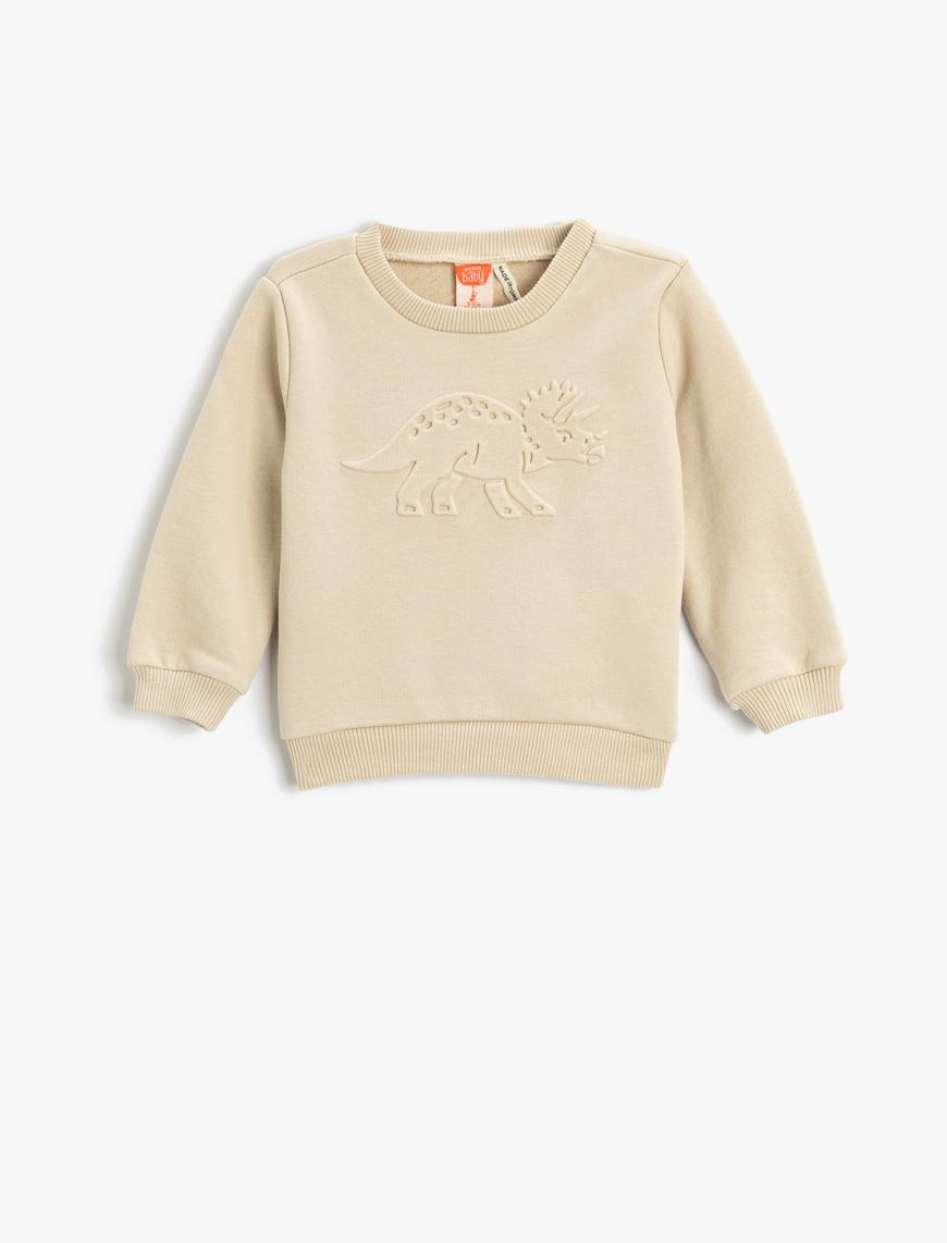  Erkek Bebek Dinozorlu Sweatshirt Kabartma Baskılı Uzun Kollu Bisiklet Yaka
