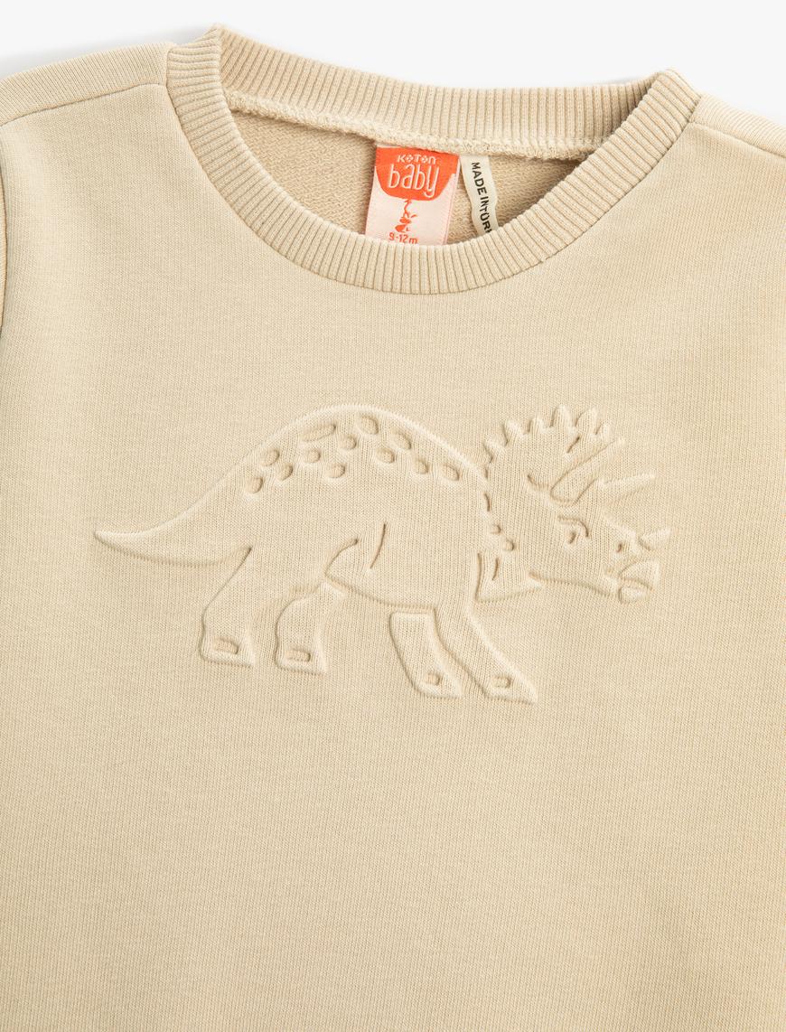  Erkek Bebek Dinozorlu Sweatshirt Kabartma Baskılı Uzun Kollu Bisiklet Yaka