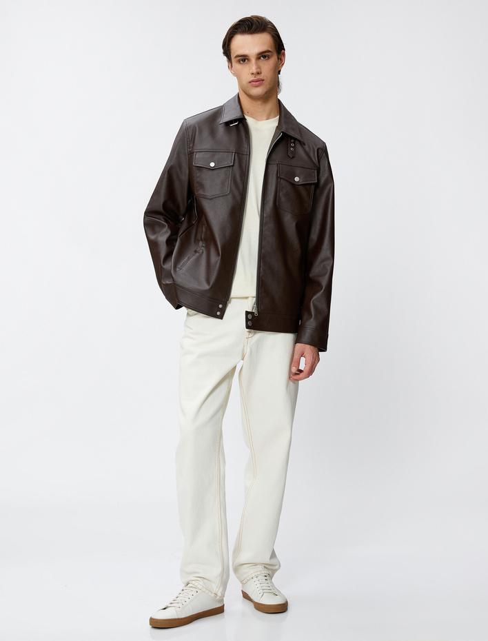  Deri Görünümlü Mevsimlik Ceket Klasik Yaka Cep Detaylı Fermuarlı