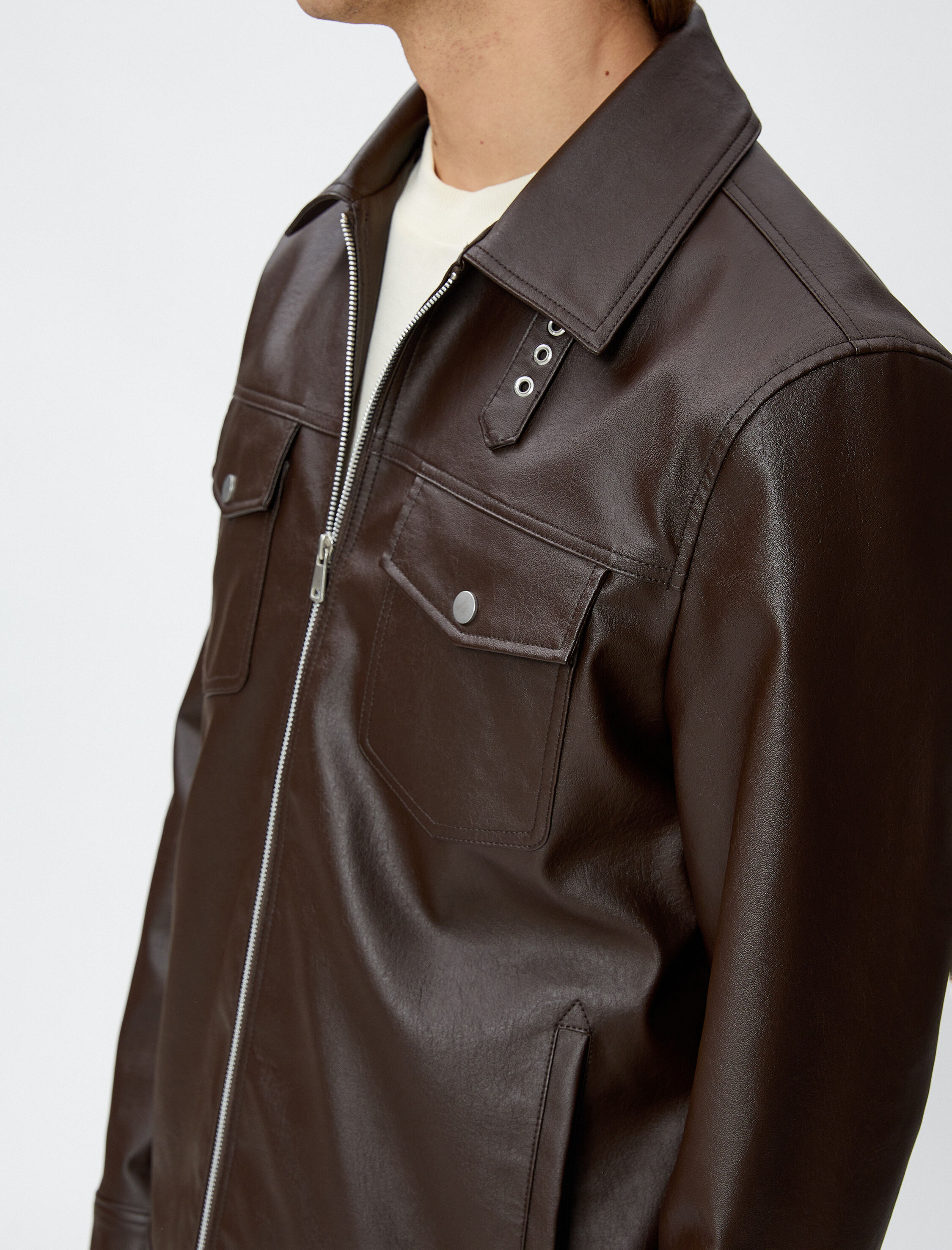   Deri Görünümlü Mevsimlik Ceket Klasik Yaka Cep Detaylı Fermuarlı