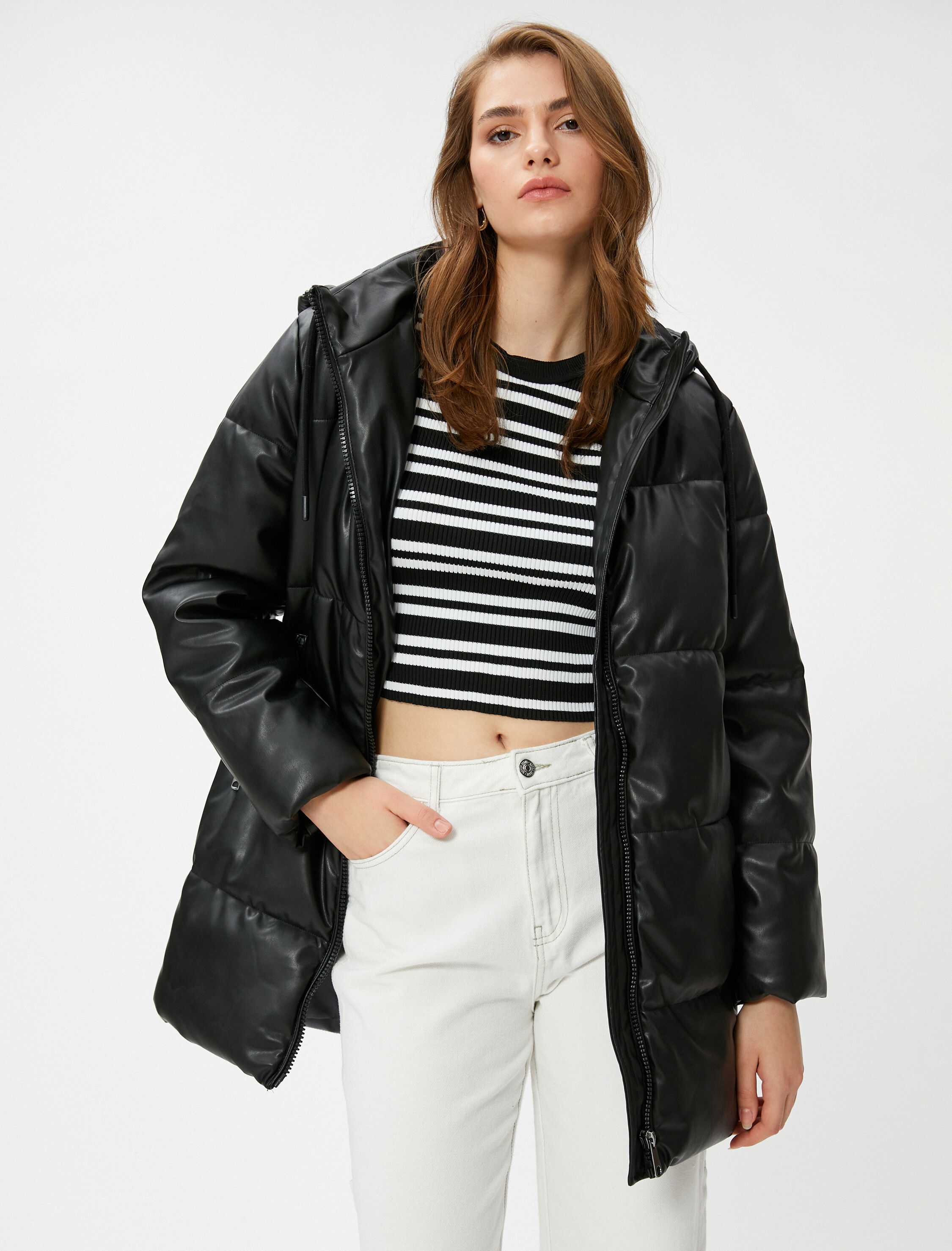   Şişme Mont Kapüşonlu Cepli Midi Boy