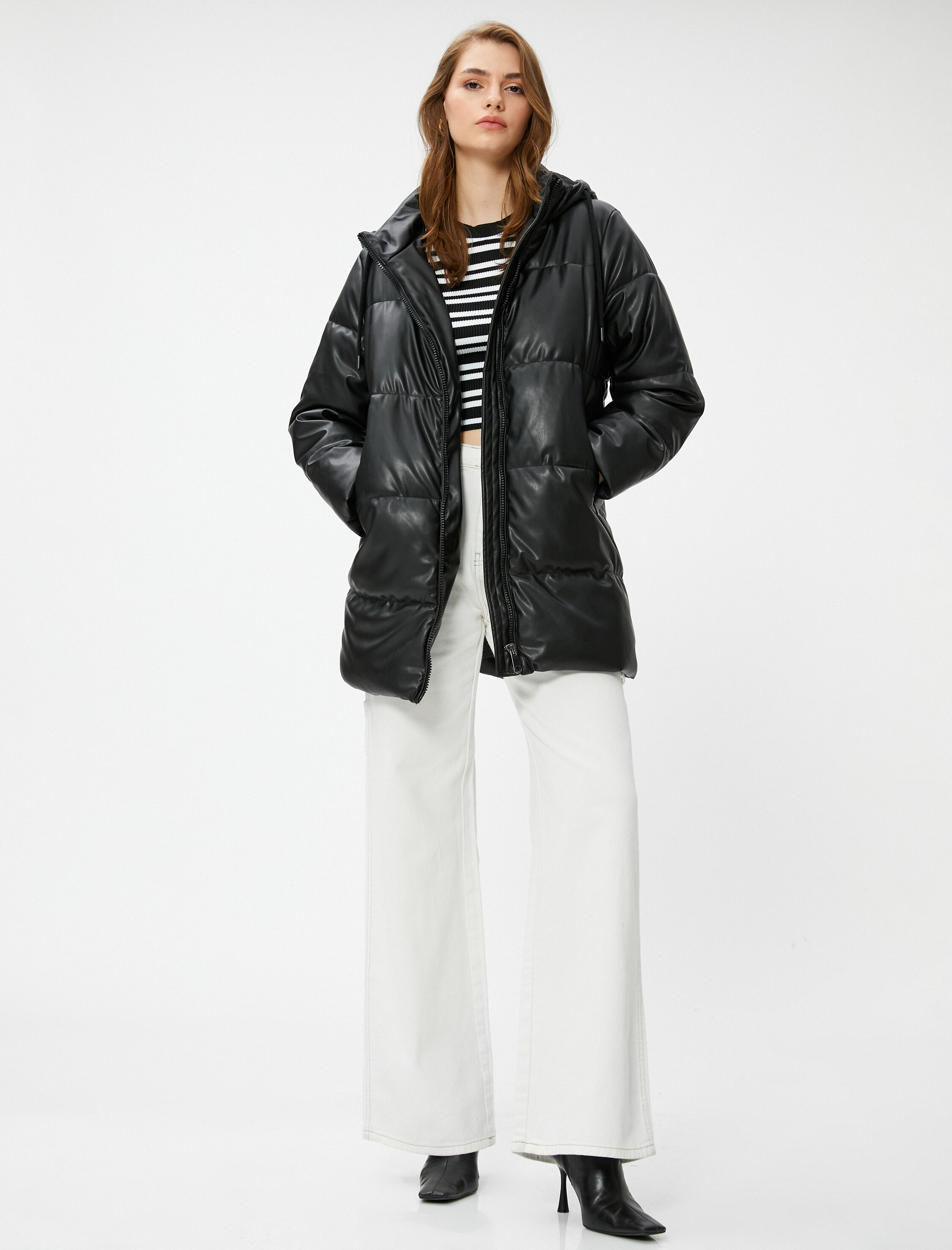   Şişme Mont Kapüşonlu Cepli Midi Boy