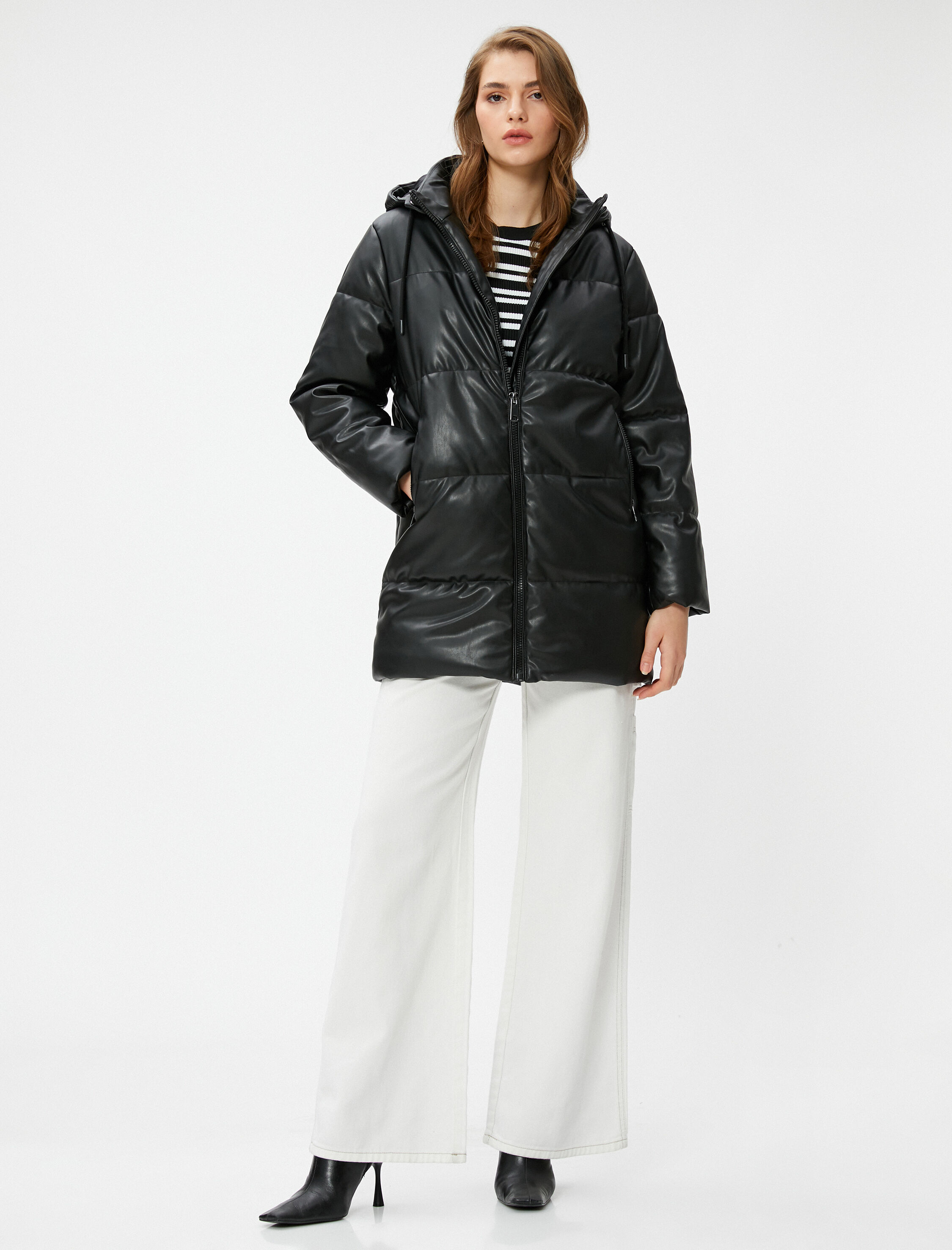   Şişme Mont Kapüşonlu Cepli Midi Boy