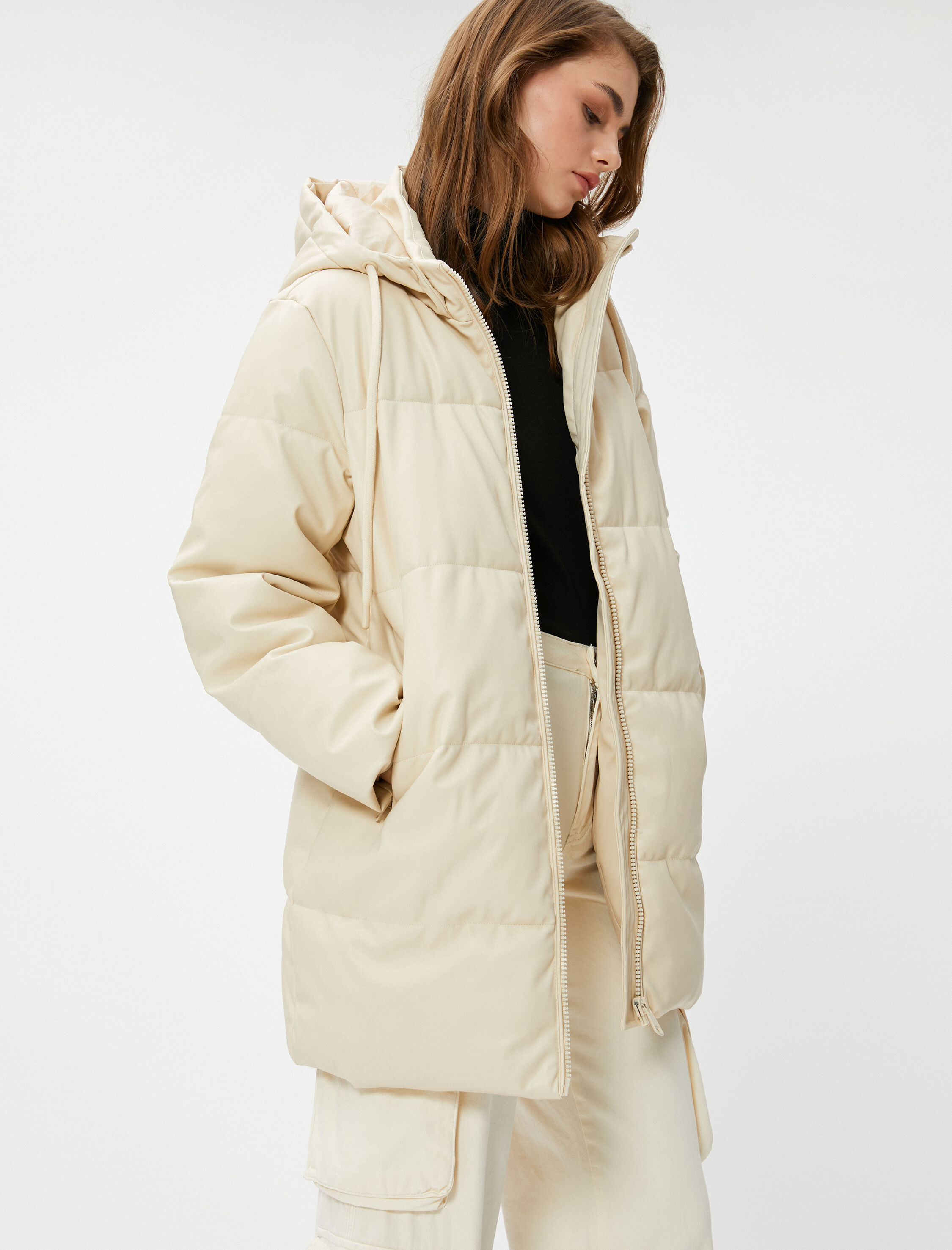   Şişme Mont Kapüşonlu Cepli Midi Boy