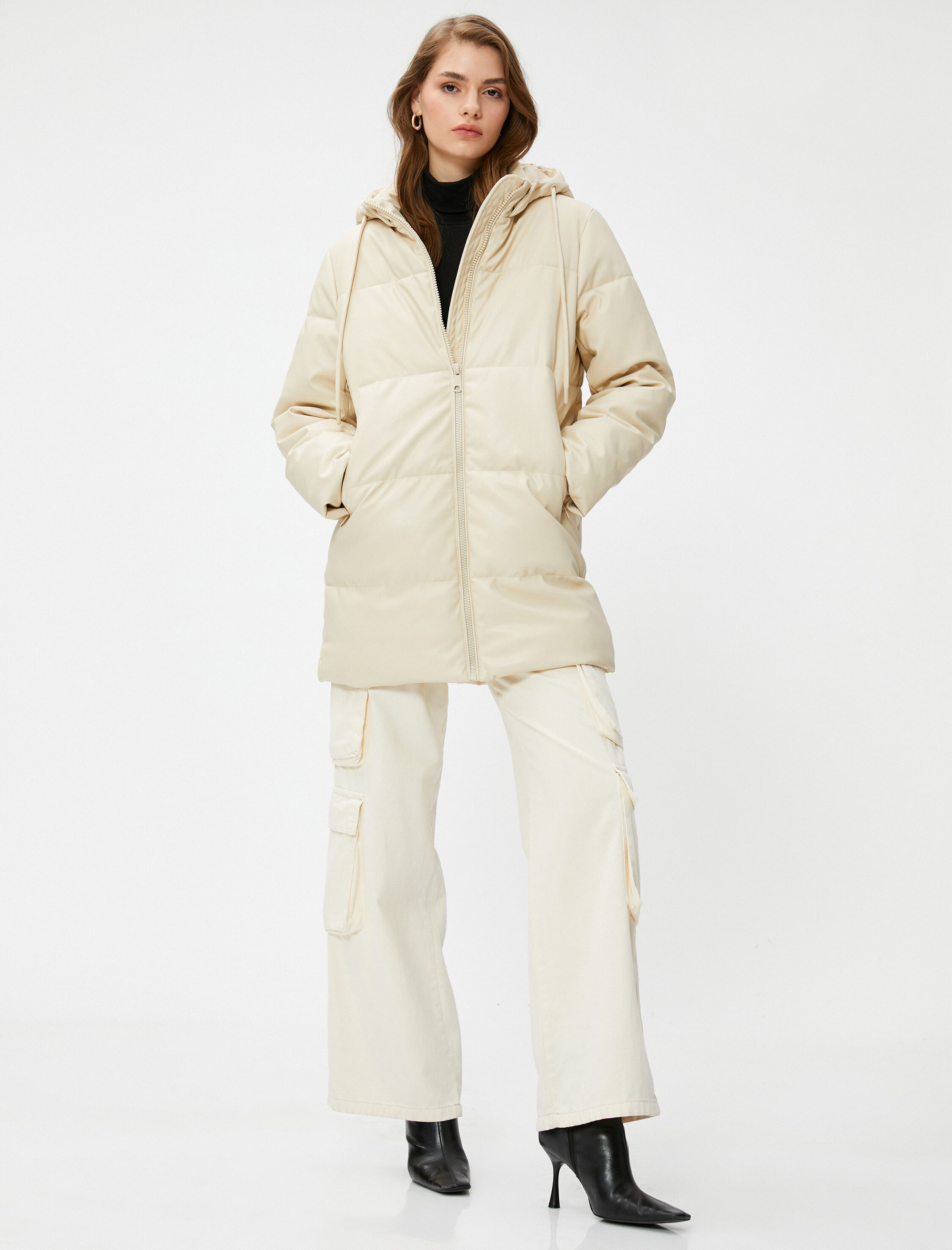   Şişme Mont Kapüşonlu Cepli Midi Boy