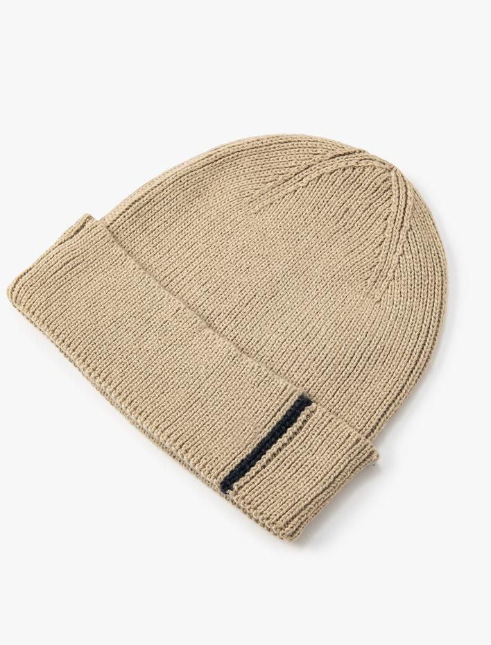 Erkek Basic Örgü Bere Katlama Detaylı Şerit Desenli