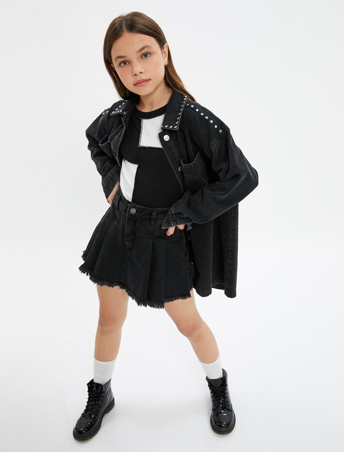 Kız Çocuk Kot Etek Pileli Mini Pamuklu