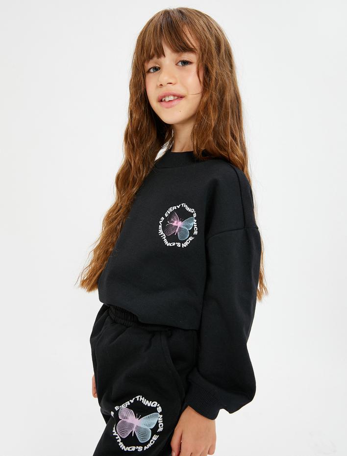 Kız Çocuk Kelebekli Sweatshirt Uzun Kollu Bisiklet Yaka Şardonlu