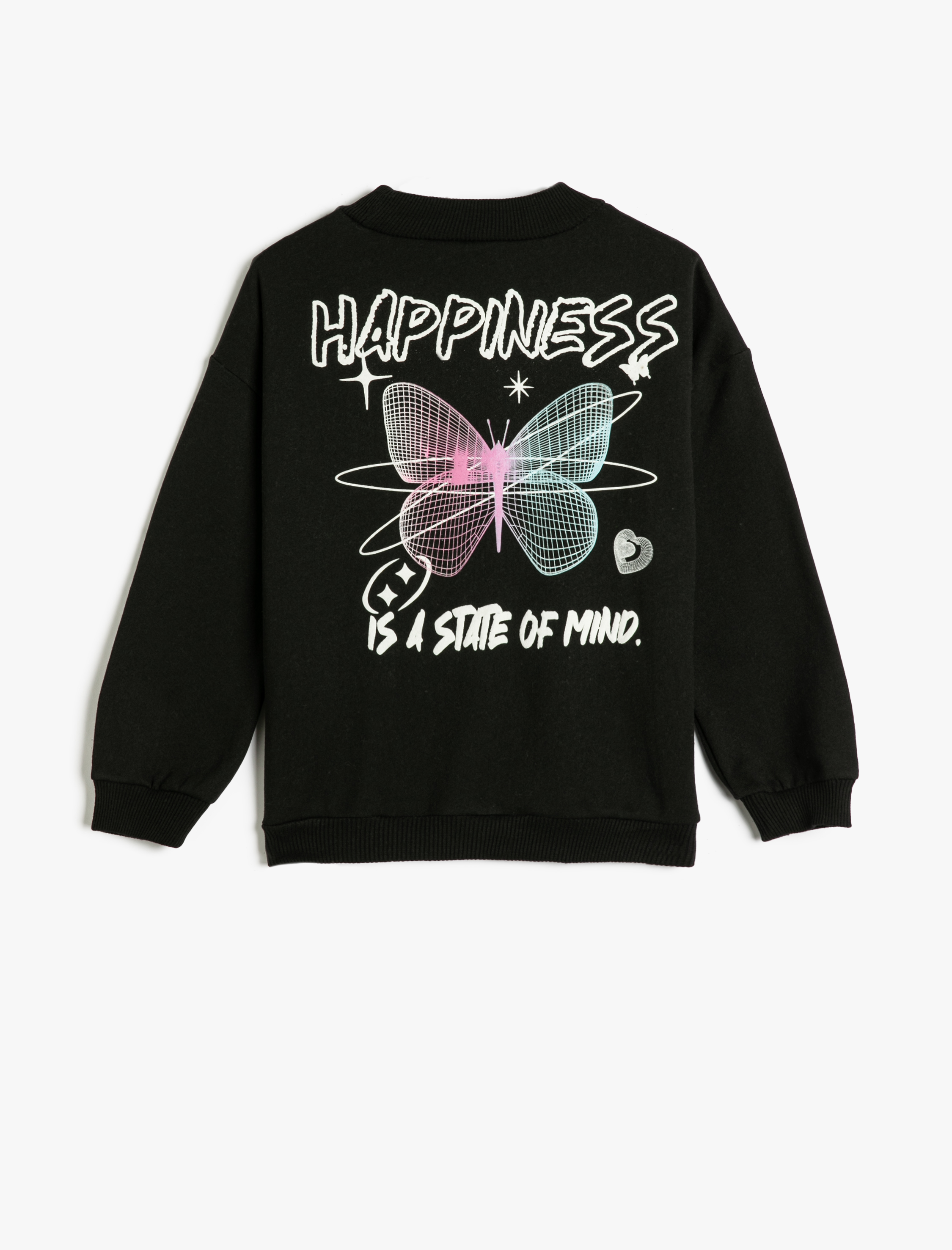  Kız Çocuk Kelebekli Sweatshirt Uzun Kollu Bisiklet Yaka Şardonlu