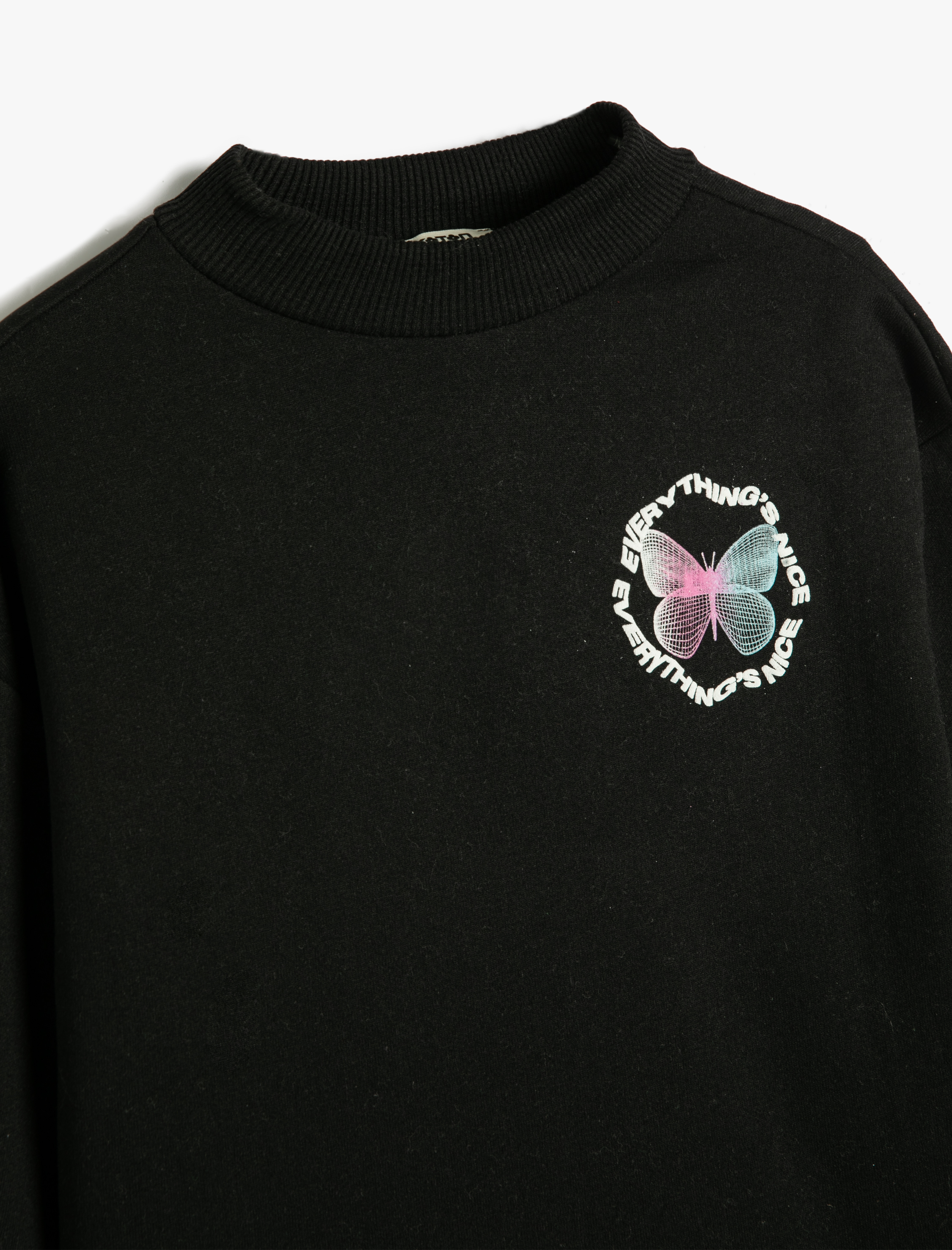  Kız Çocuk Kelebekli Sweatshirt Uzun Kollu Bisiklet Yaka Şardonlu