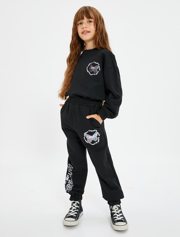 Kız Çocuk Kelebekli Sweatshirt Uzun Kollu Bisiklet Yaka Şardonlu