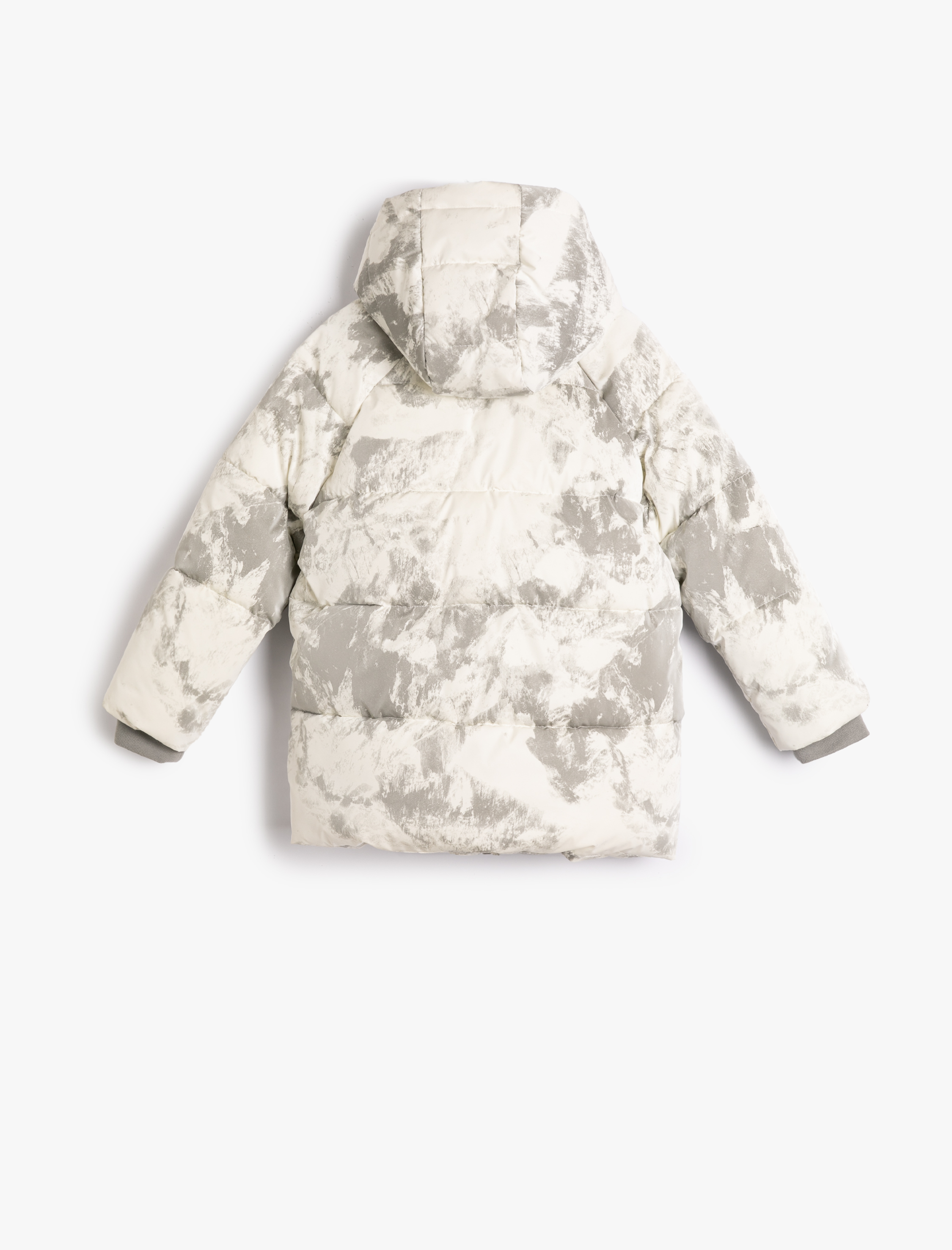 Erkek Çocuk Kapşonlu Mont Dolgulu Batik Desenli İçi Polar Astarlı Rüzgar Kapaklı