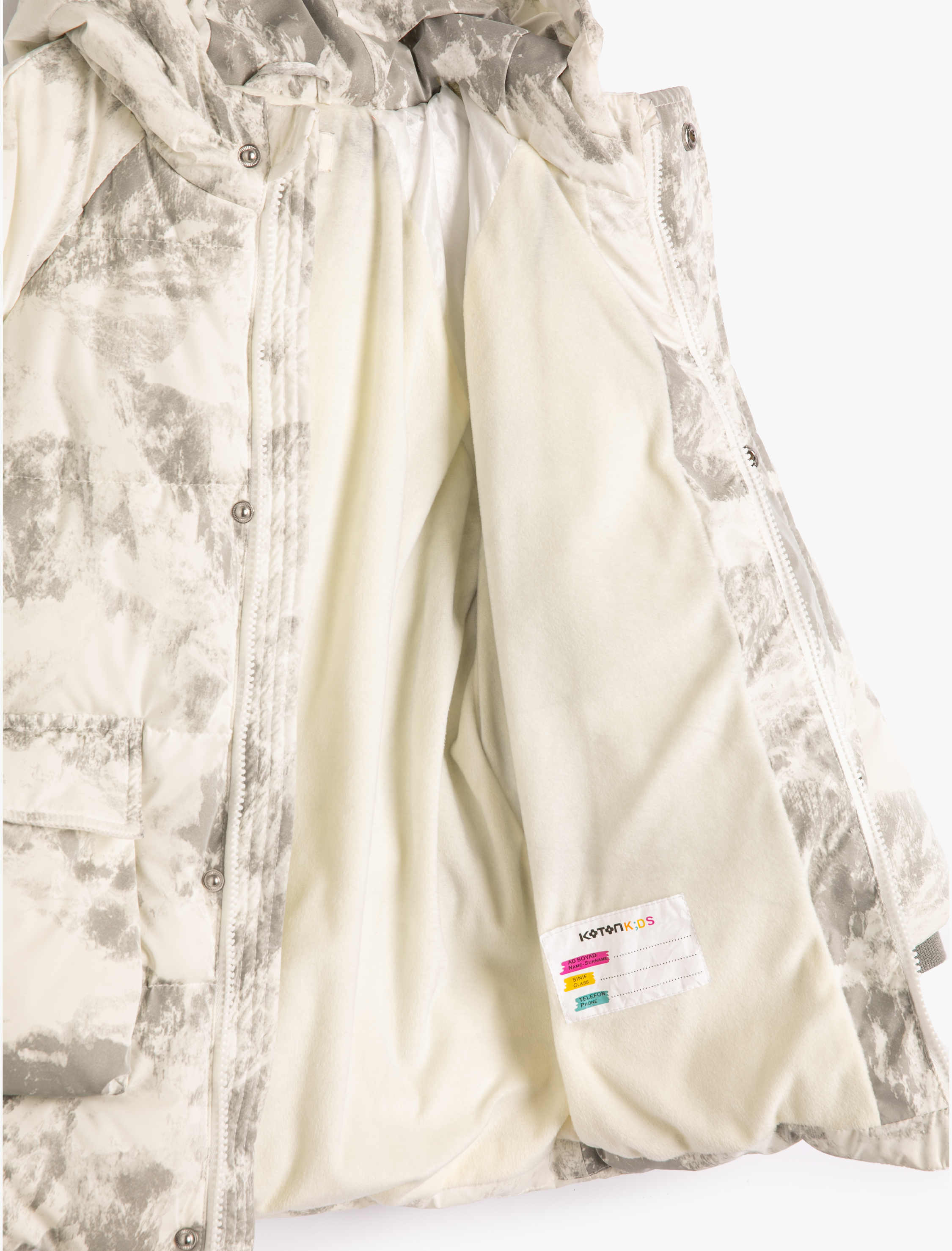 Erkek Çocuk Kapşonlu Mont Dolgulu Batik Desenli İçi Polar Astarlı Rüzgar Kapaklı