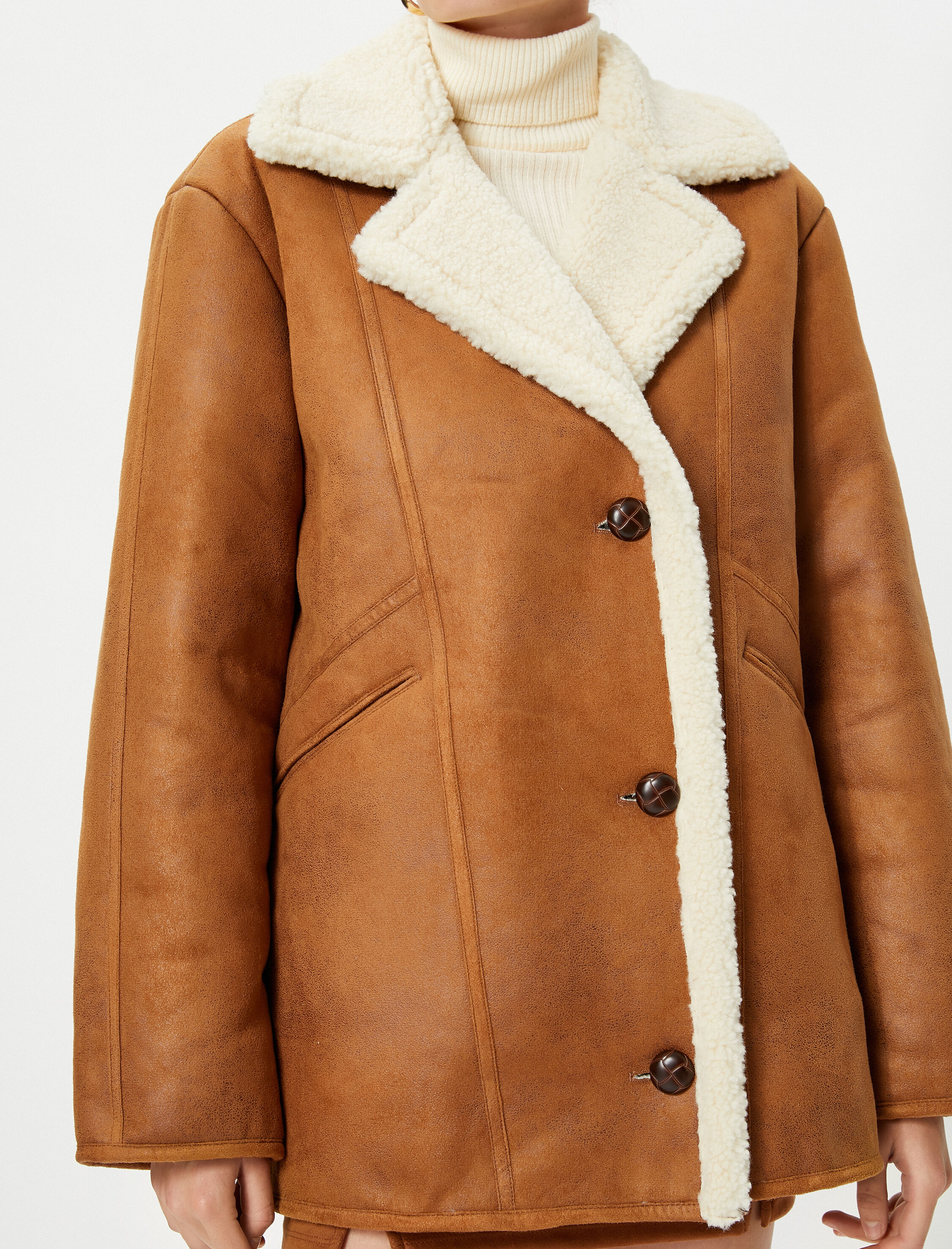   Süet Görünümlü Kaban İçi Suni Kürklü Kruvaze Kapama Düğmeli Cepli