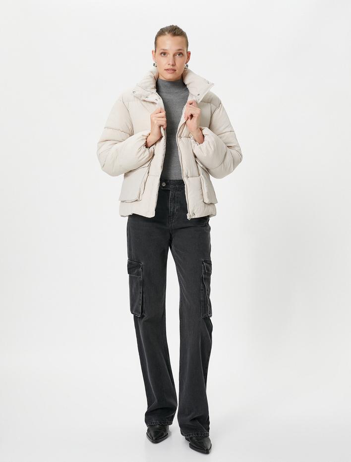  Kısa Şişme Mont Dik Yaka Büyük Cepli Çıtçıtlı