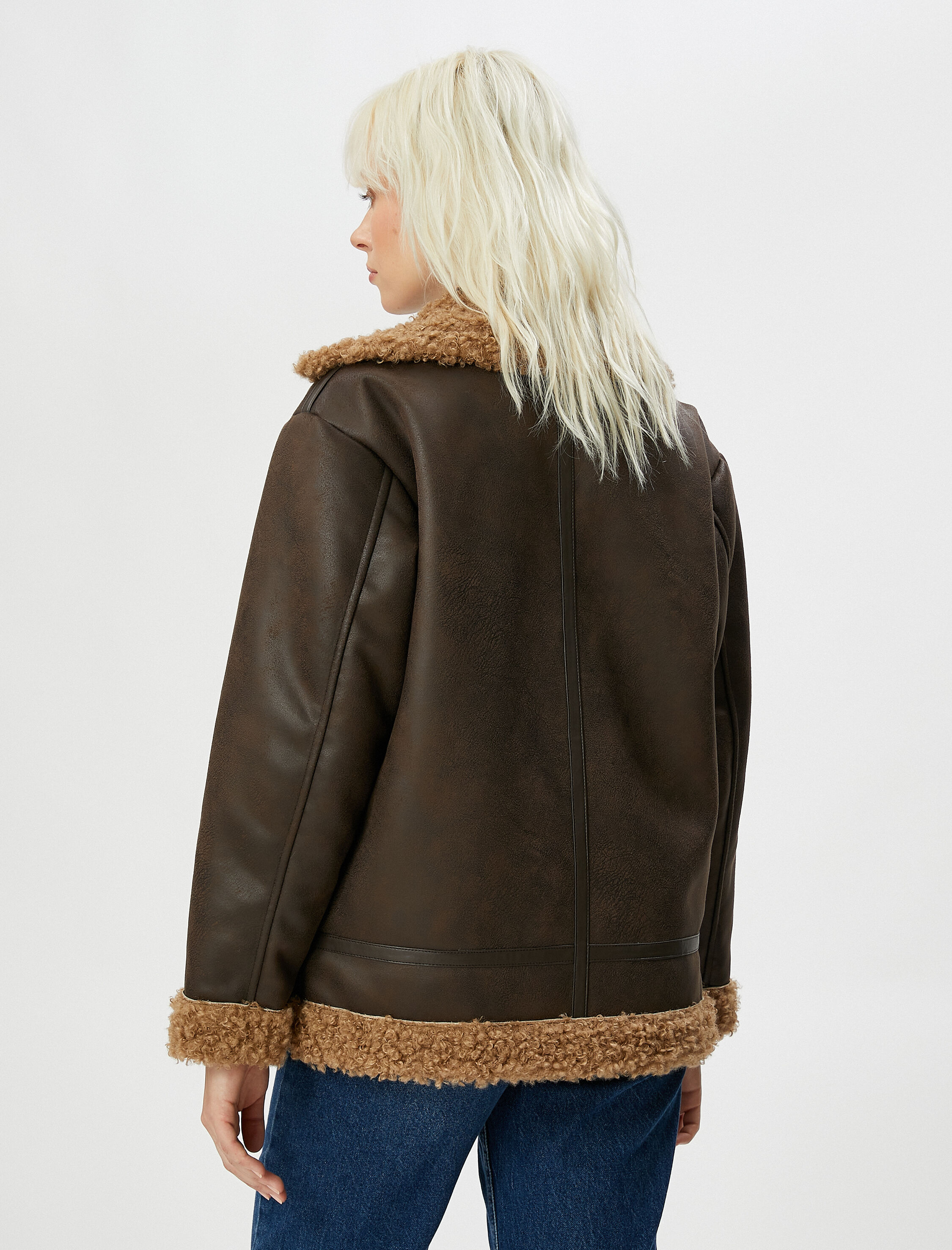 Biker Ceket Suni Deri Peluş Detaylı Fermuarlı Cepli