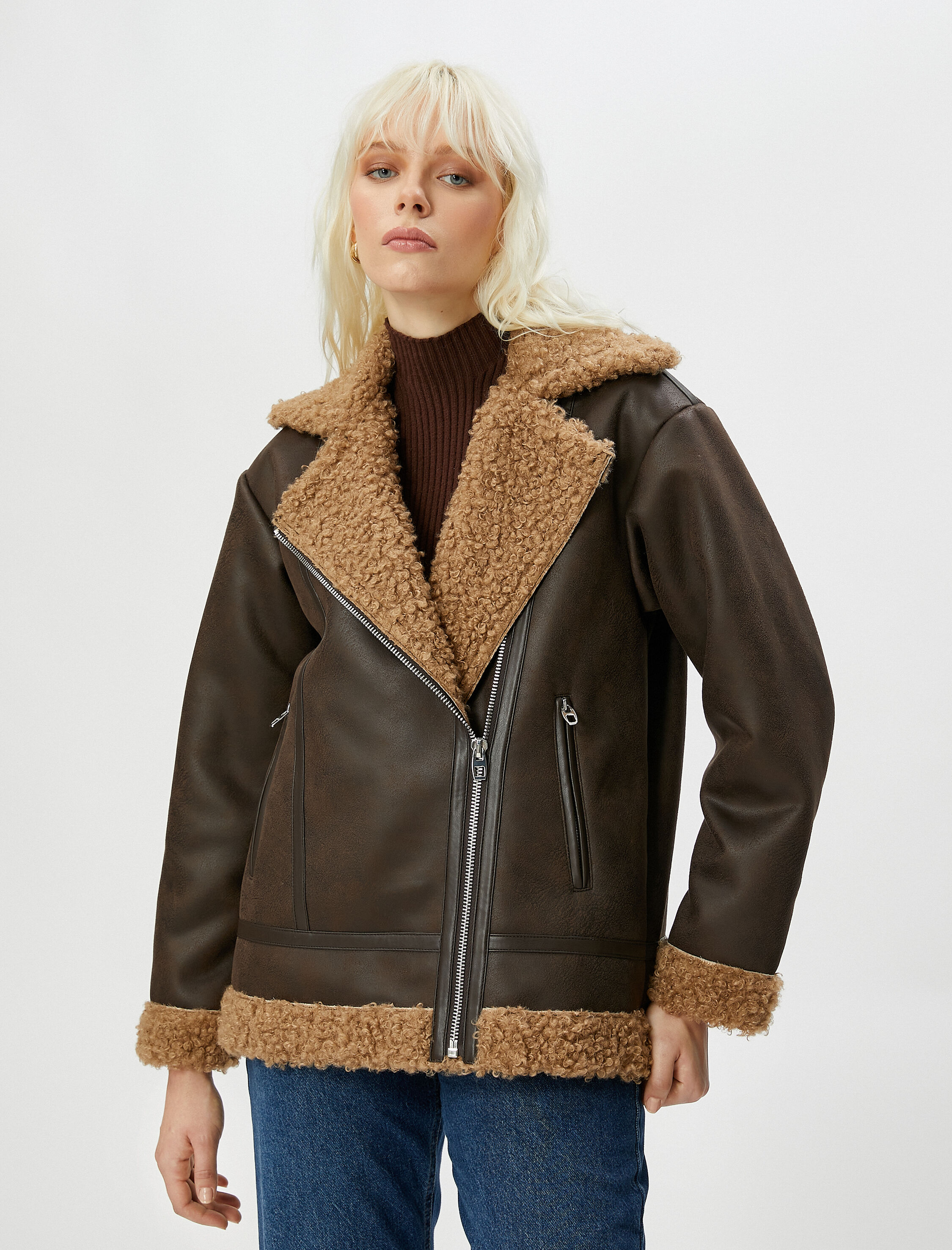 Biker Ceket Suni Deri Peluş Detaylı Fermuarlı Cepli