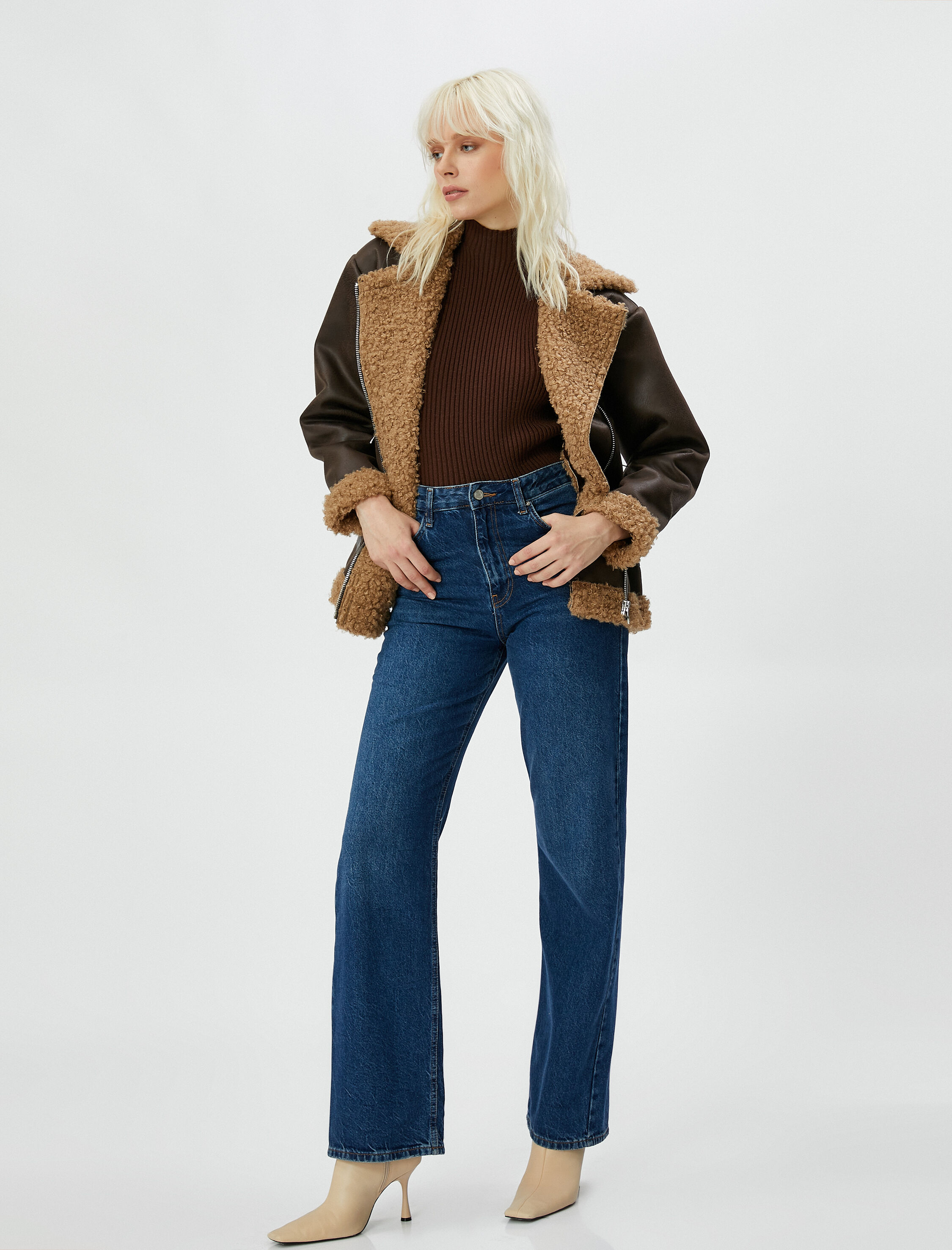 Biker Ceket Suni Deri Peluş Detaylı Fermuarlı Cepli