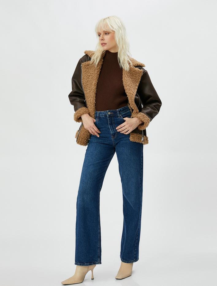  Biker Ceket Suni Deri Peluş Detaylı Fermuarlı Cepli