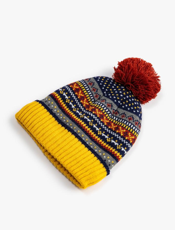 Erkek Çocuk Triko Bere Desenli Çok Renkli Ponpon Detaylı