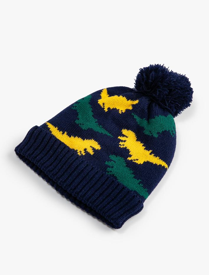 Erkek Çocuk Triko Bere Dinozor Desenli Ponpon Detaylı