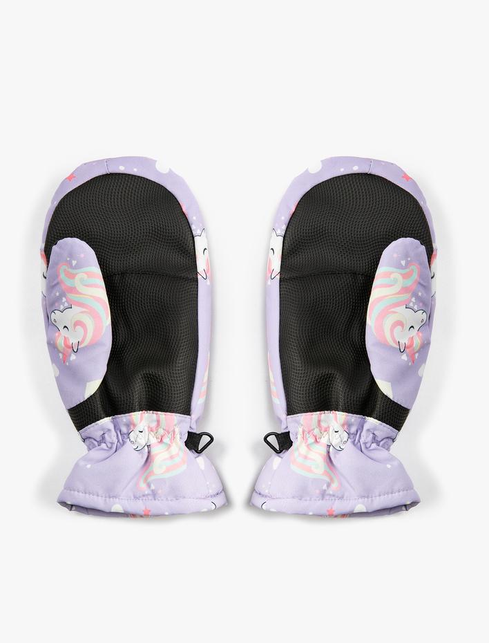 Kız Çocuk Parmaksız Polar Eldiven Unicorn Baskılı Polar Astarlı