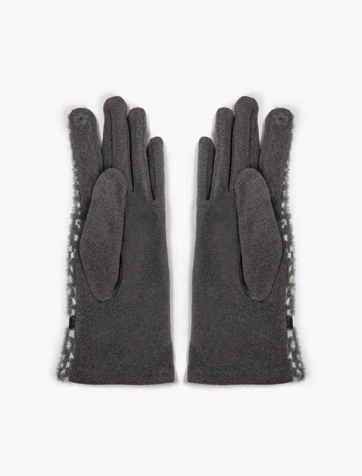 Kadın Peluş Eldiven Bant Detaylı Desenli