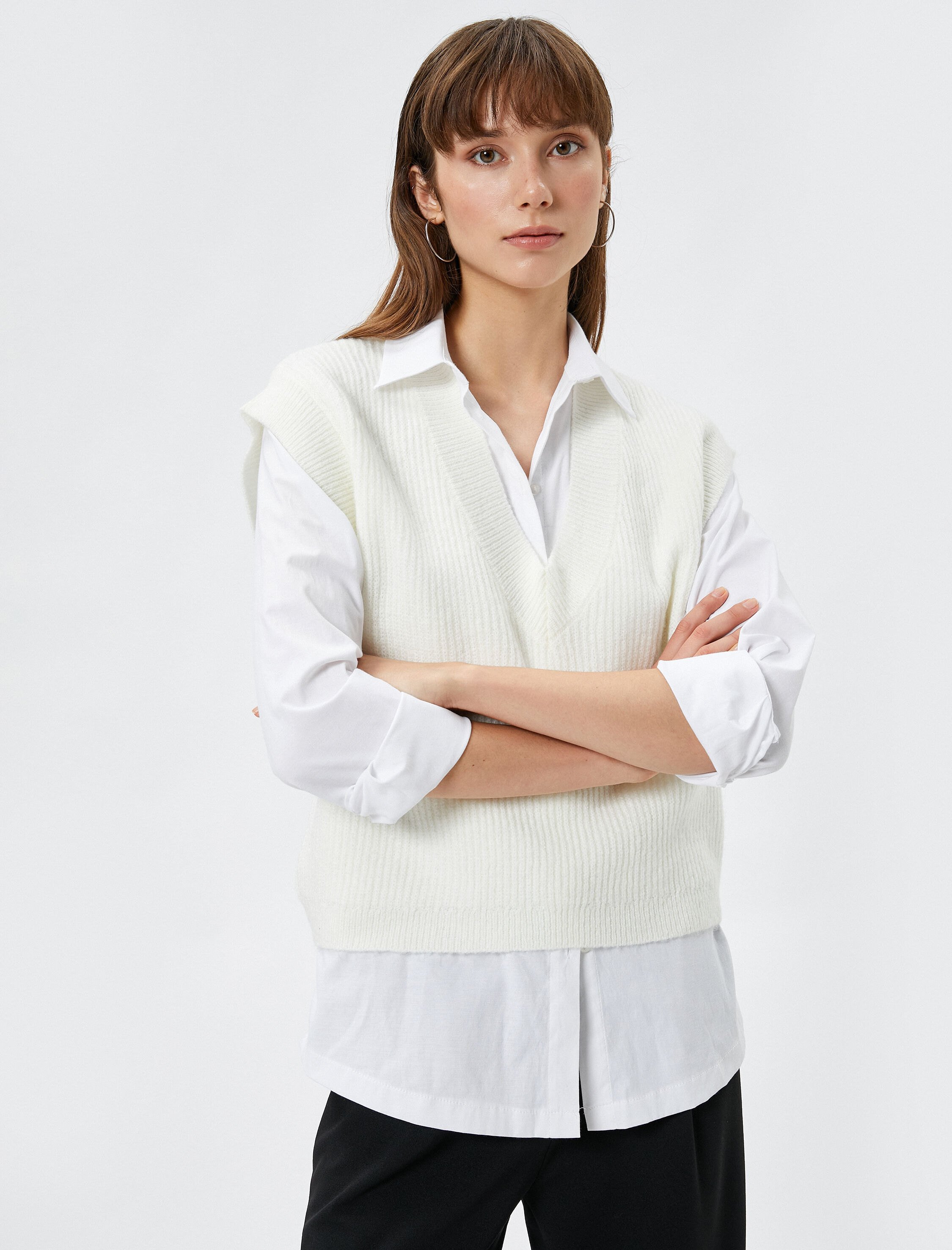   V Yaka Süveter Örgü Ribanalı