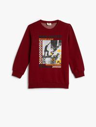 Sweatshirt Şardonlu Bisiklet Yaka Baskılı Pamuklu