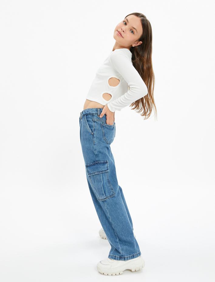 Kız Çocuk Kargo Kot Pantolon Bol Paça Pamuklu Beli Lastikli Cepli - Cargo Jean
