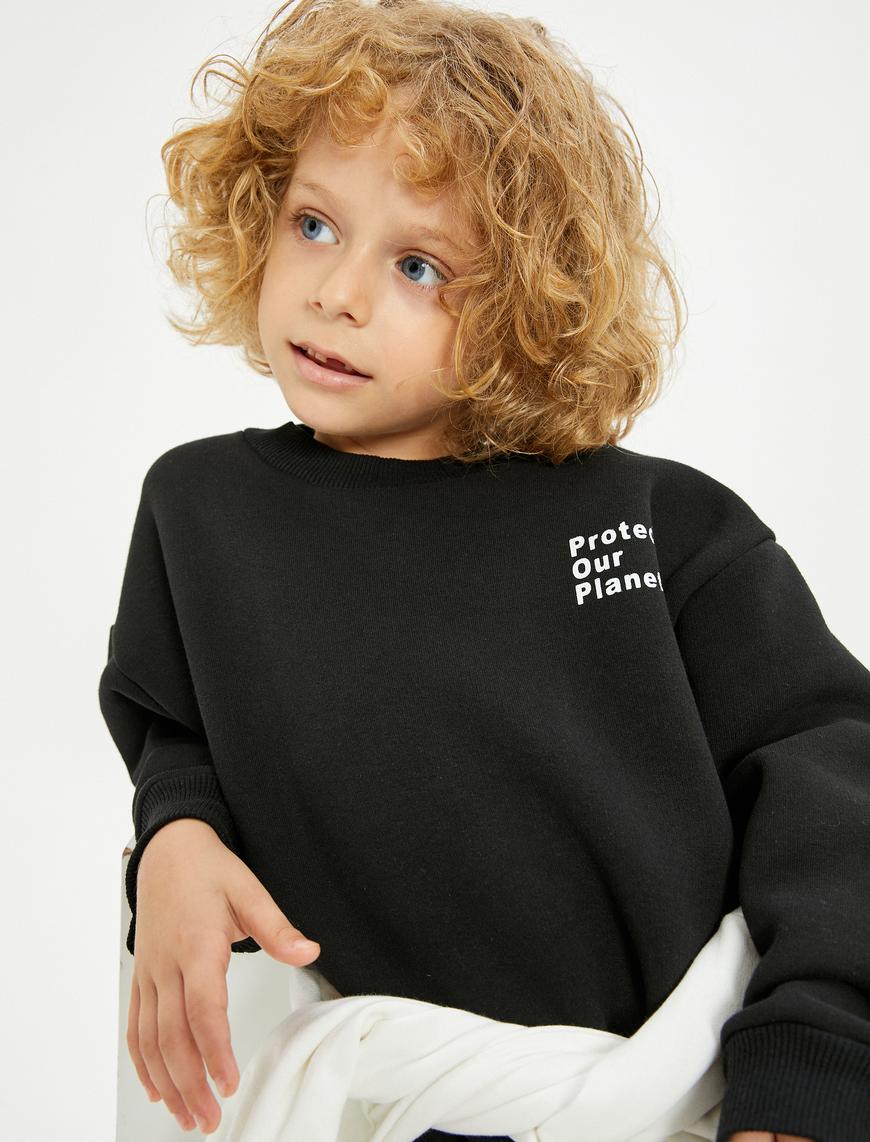  Erkek Çocuk Sweatshirt Şardonlu Baskı Detaylı Bisiklet Yaka Uzun Kollu