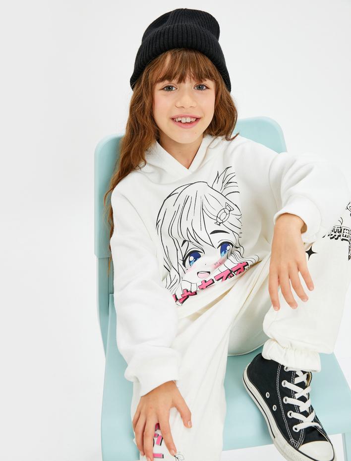 Kız Çocuk Anime Kapşonlu Sweatshirt Şardonlu Uzun Kollu