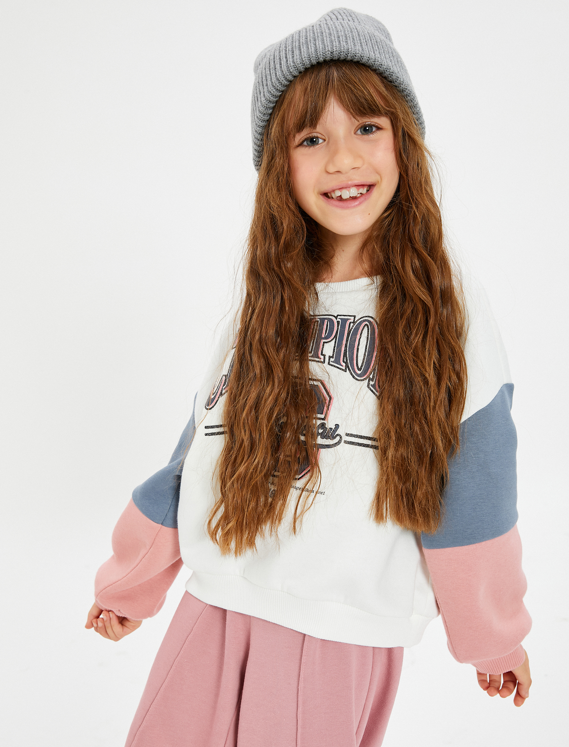  Kız Çocuk Kolej Baskılı Sweatshirt Renk Bloklu Bisiklet Yaka Şardonlu