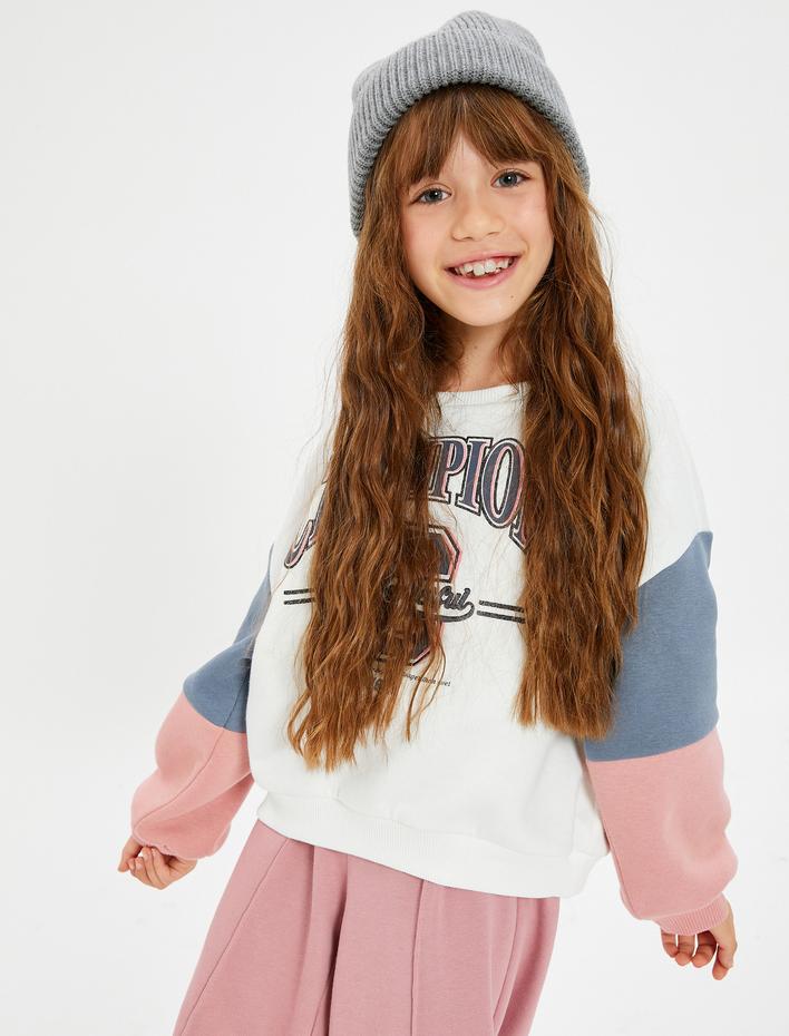 Kız Çocuk Kolej Baskılı Sweatshirt Renk Bloklu Bisiklet Yaka Şardonlu