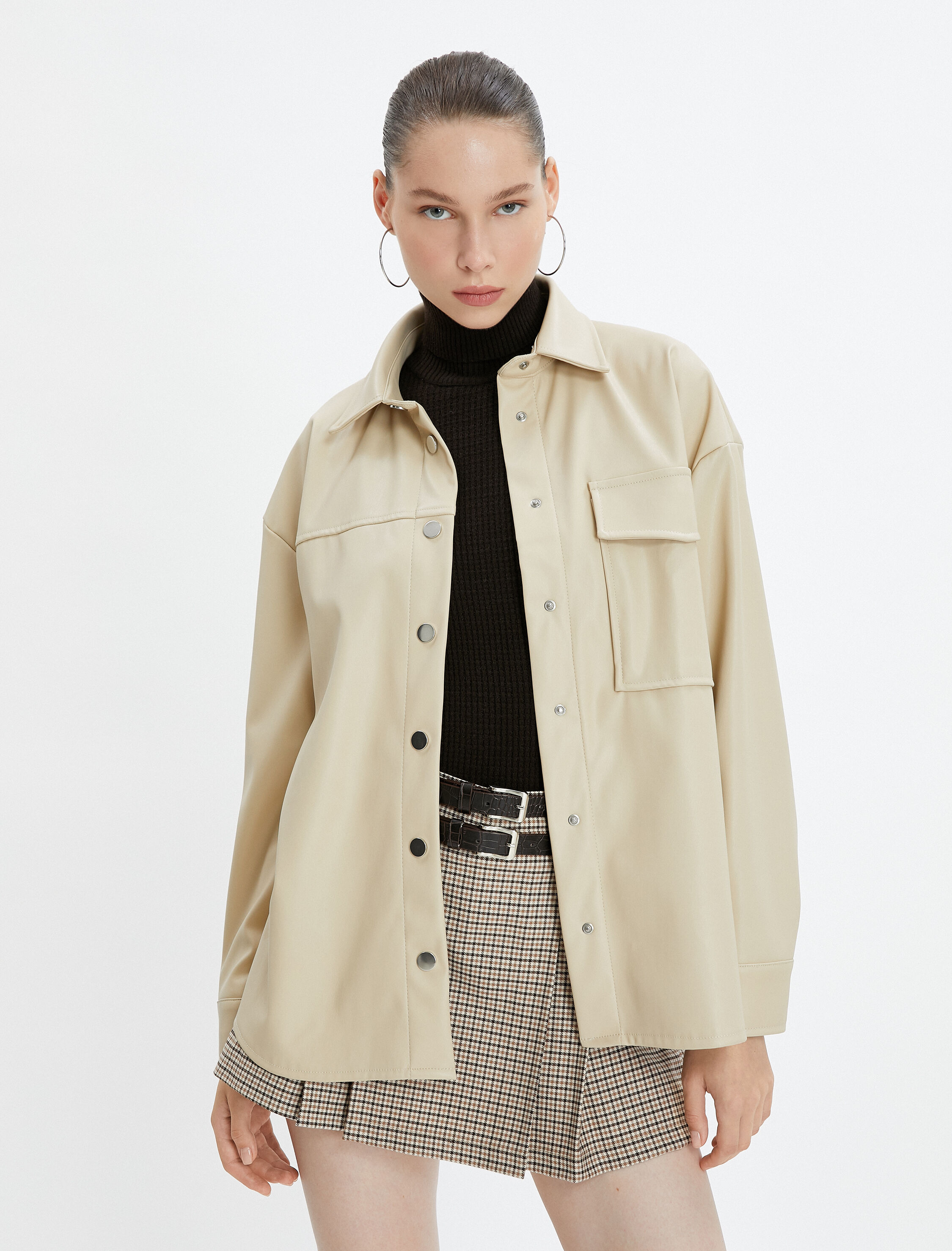   Oversize Gömlek Ceket Suni Deri Görünümlü Kapaklı Cepli Düğmeli