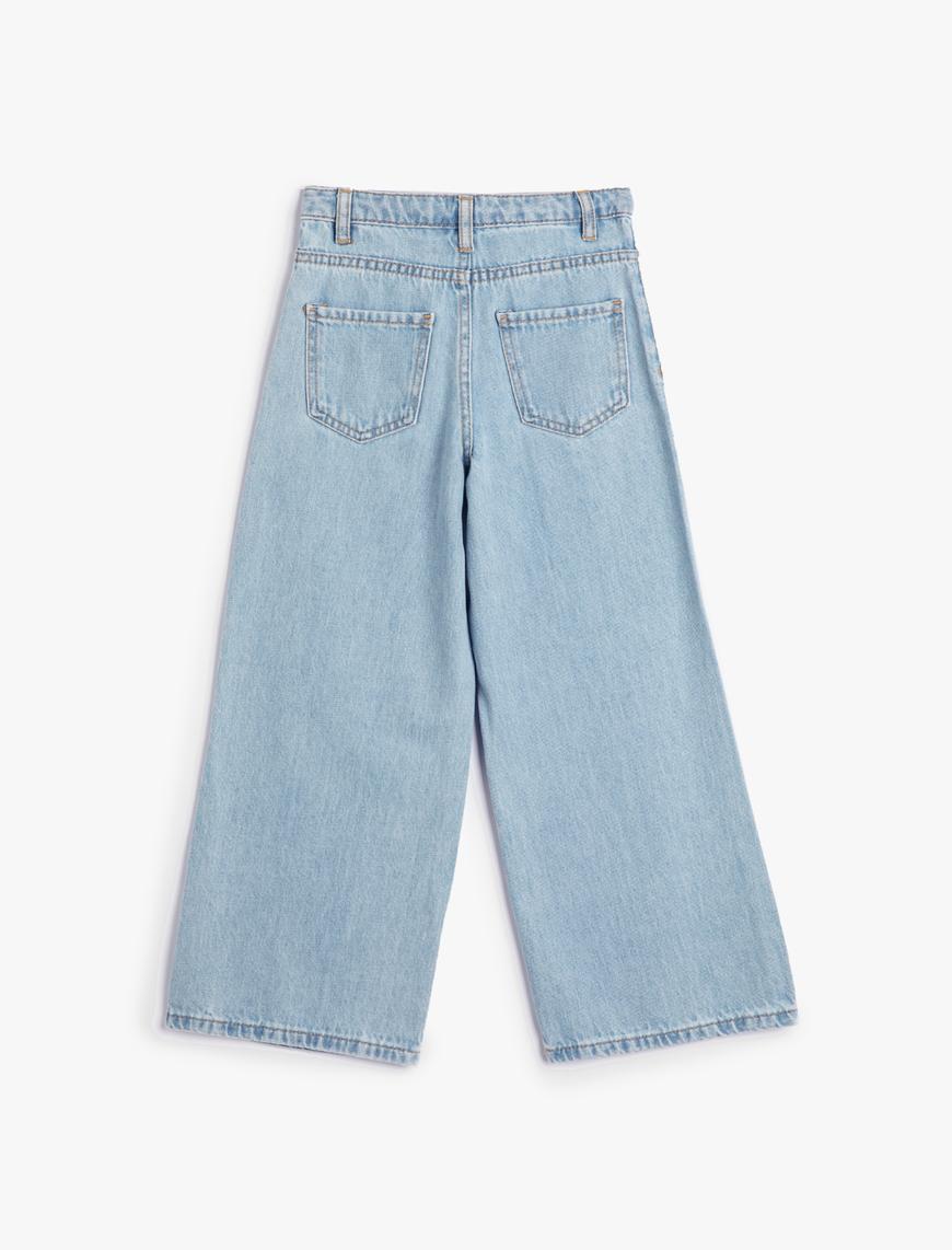  Kız Çocuk Bol Paça Kot Pantolon Cep Detaylı Pamuklu - Wide Leg Jean