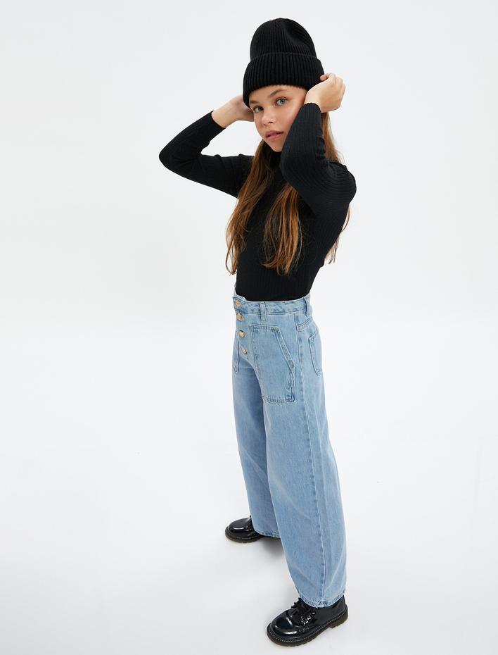 Kız Çocuk Bol Paça Kot Pantolon Cep Detaylı Pamuklu - Wide Leg Jean