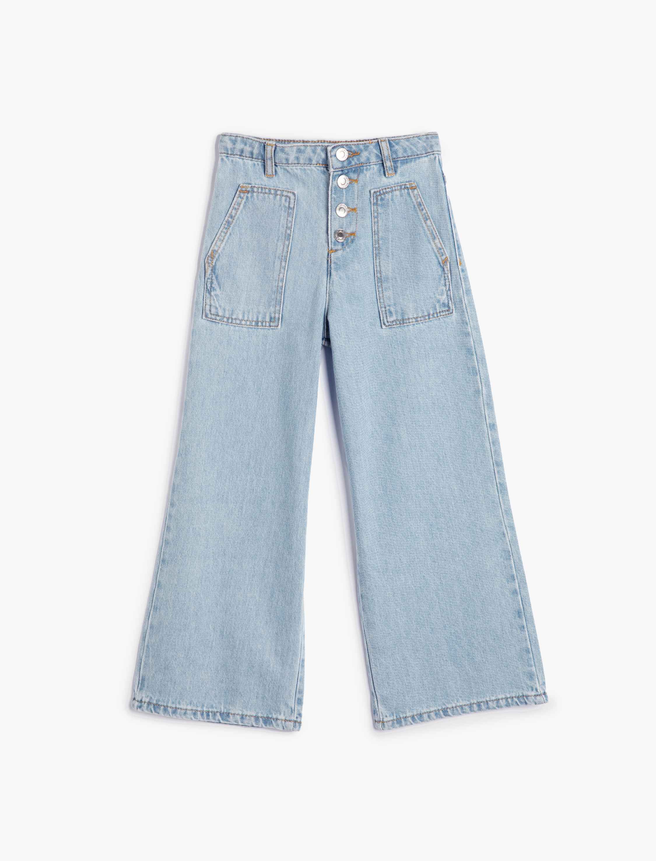  Kız Çocuk Bol Paça Kot Pantolon Cep Detaylı Pamuklu - Wide Leg Jean