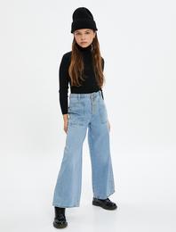 Bol Paça Kot Pantolon Cep Detaylı Pamuklu - Wide Leg Jean