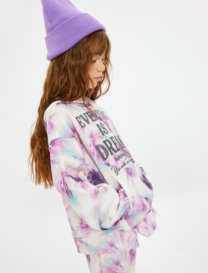 Kız Çocuk Kapşonlu Sweatshirt Batik Desenli Simli Baskı Detaylı Uzun Kollu