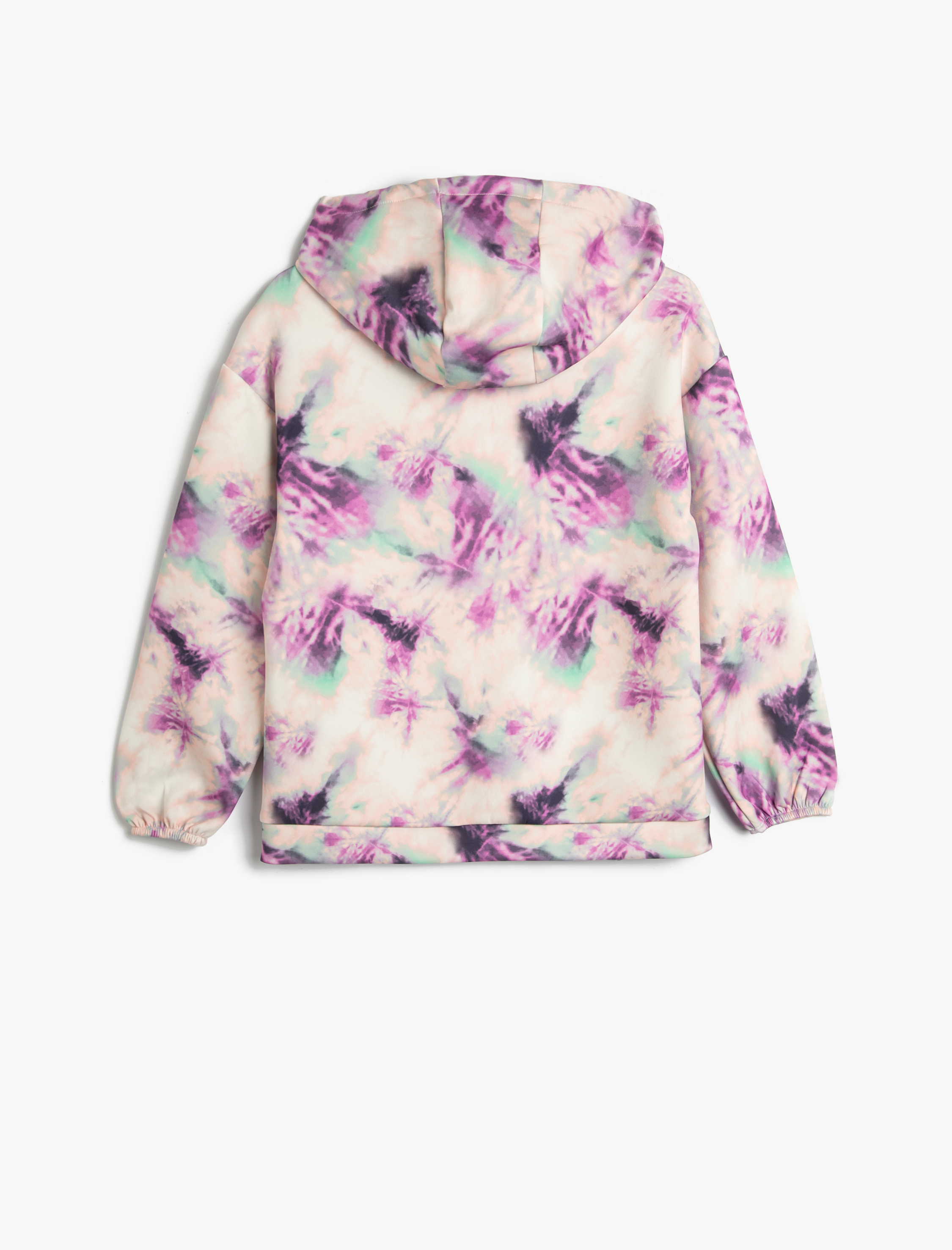  Kız Çocuk Kapşonlu Sweatshirt Batik Desenli Simli Baskı Detaylı Uzun Kollu