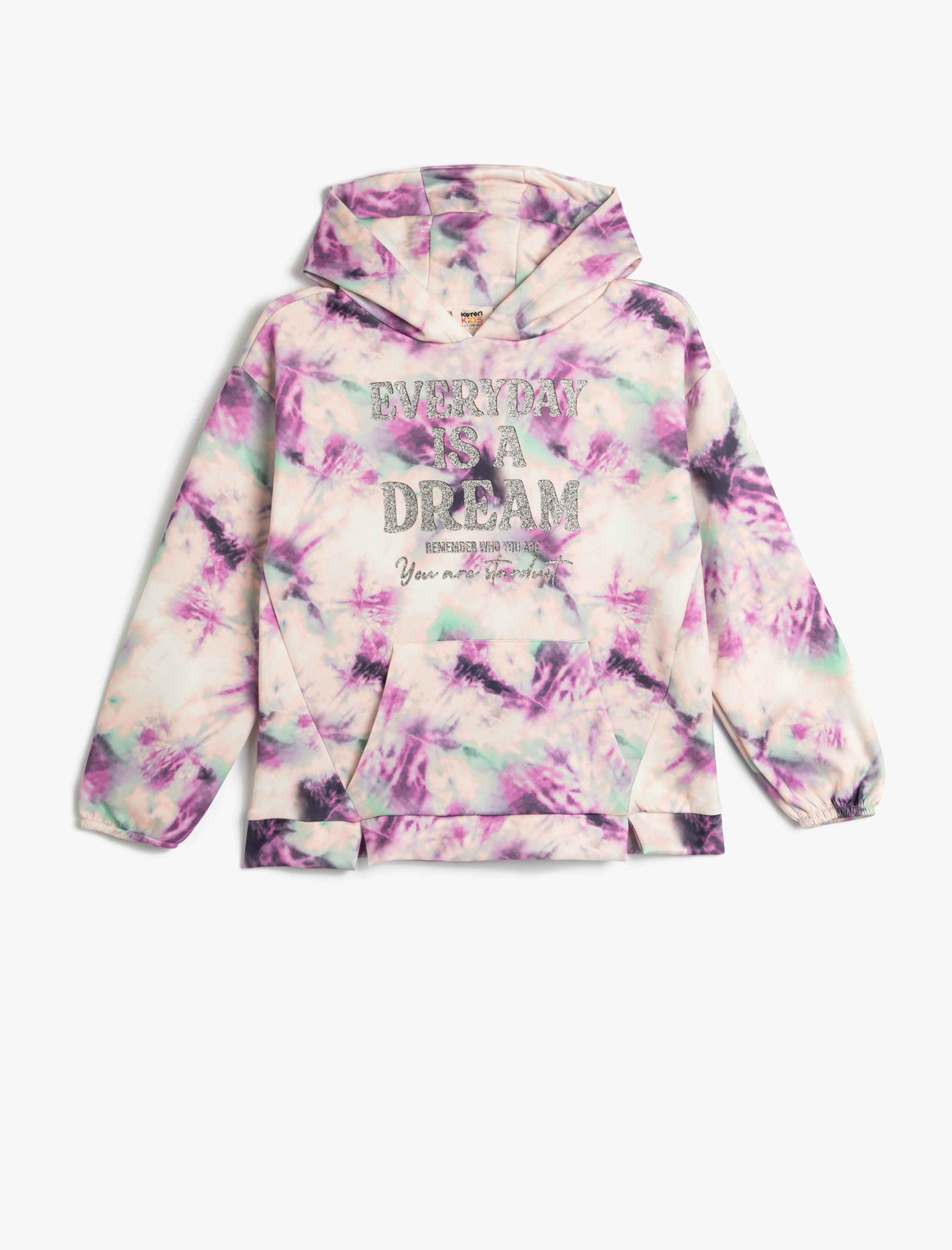  Kız Çocuk Kapşonlu Sweatshirt Batik Desenli Simli Baskı Detaylı Uzun Kollu