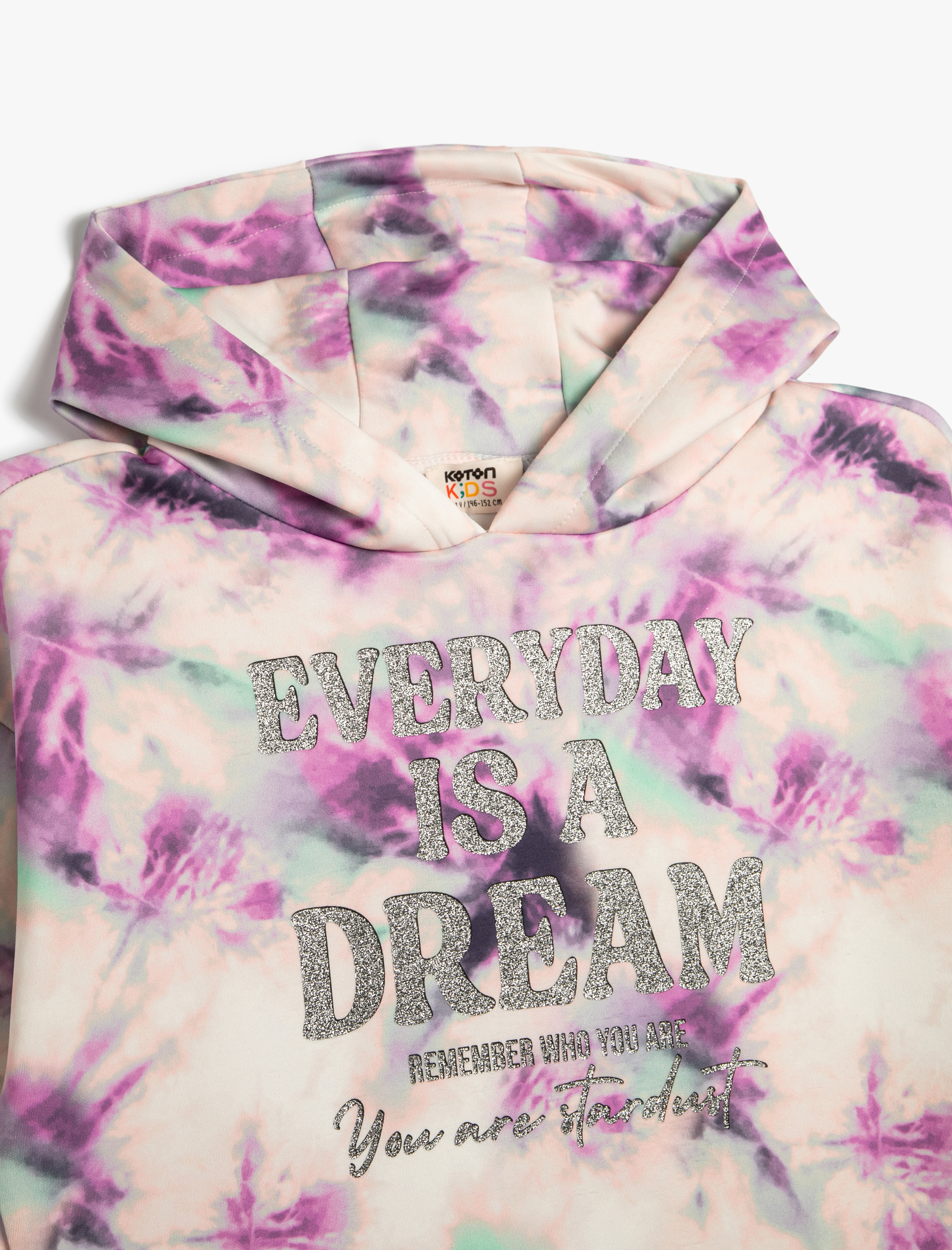  Kız Çocuk Kapşonlu Sweatshirt Batik Desenli Simli Baskı Detaylı Uzun Kollu