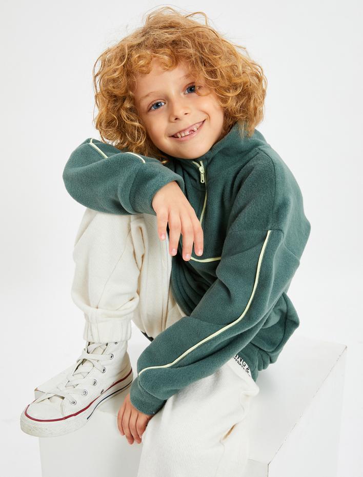 Erkek Çocuk Polar Sweatshirt Dik Yaka Yarım Fermuarlı Uzun Kollu Şardonlu