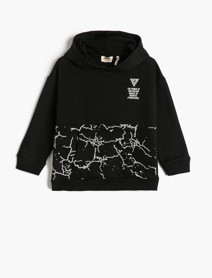 Erkek Çocuk Kapşonlu Sweatshirt Kanguru Cepli Baskılı Uzun Kollu Şardonlu