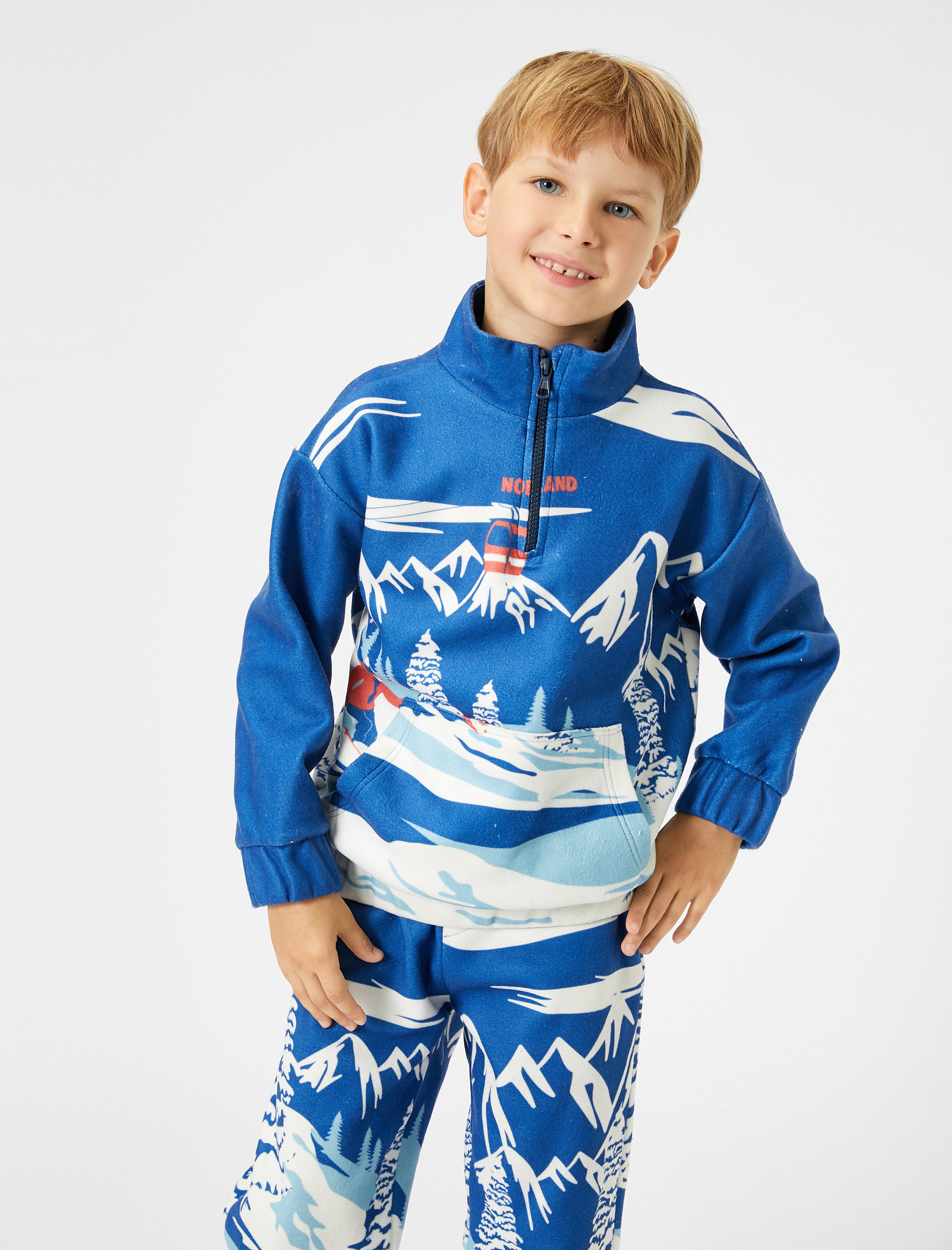  Erkek Çocuk Sweatshirt Kayak Baskılı Dik Yaka Uzun Kollu Kanguru Cepli Şardonlu