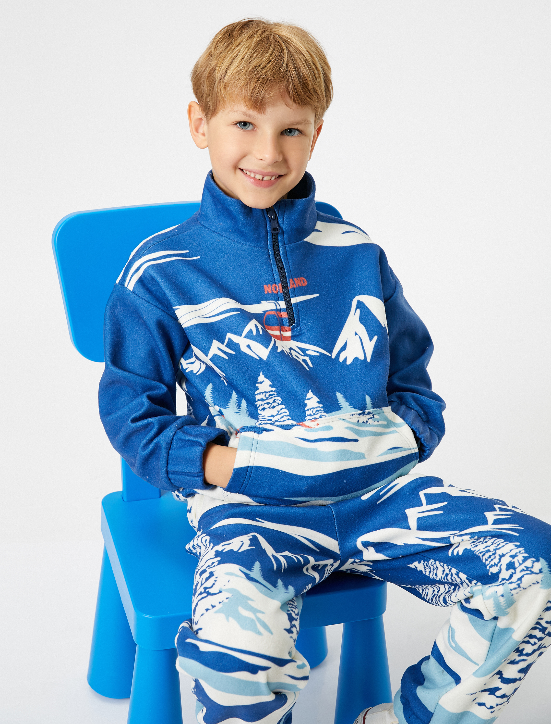  Erkek Çocuk Sweatshirt Kayak Baskılı Dik Yaka Uzun Kollu Kanguru Cepli Şardonlu