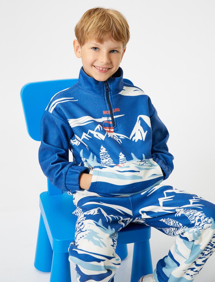 Erkek Çocuk Sweatshirt Kayak Baskılı Dik Yaka Uzun Kollu Kanguru Cepli Şardonlu