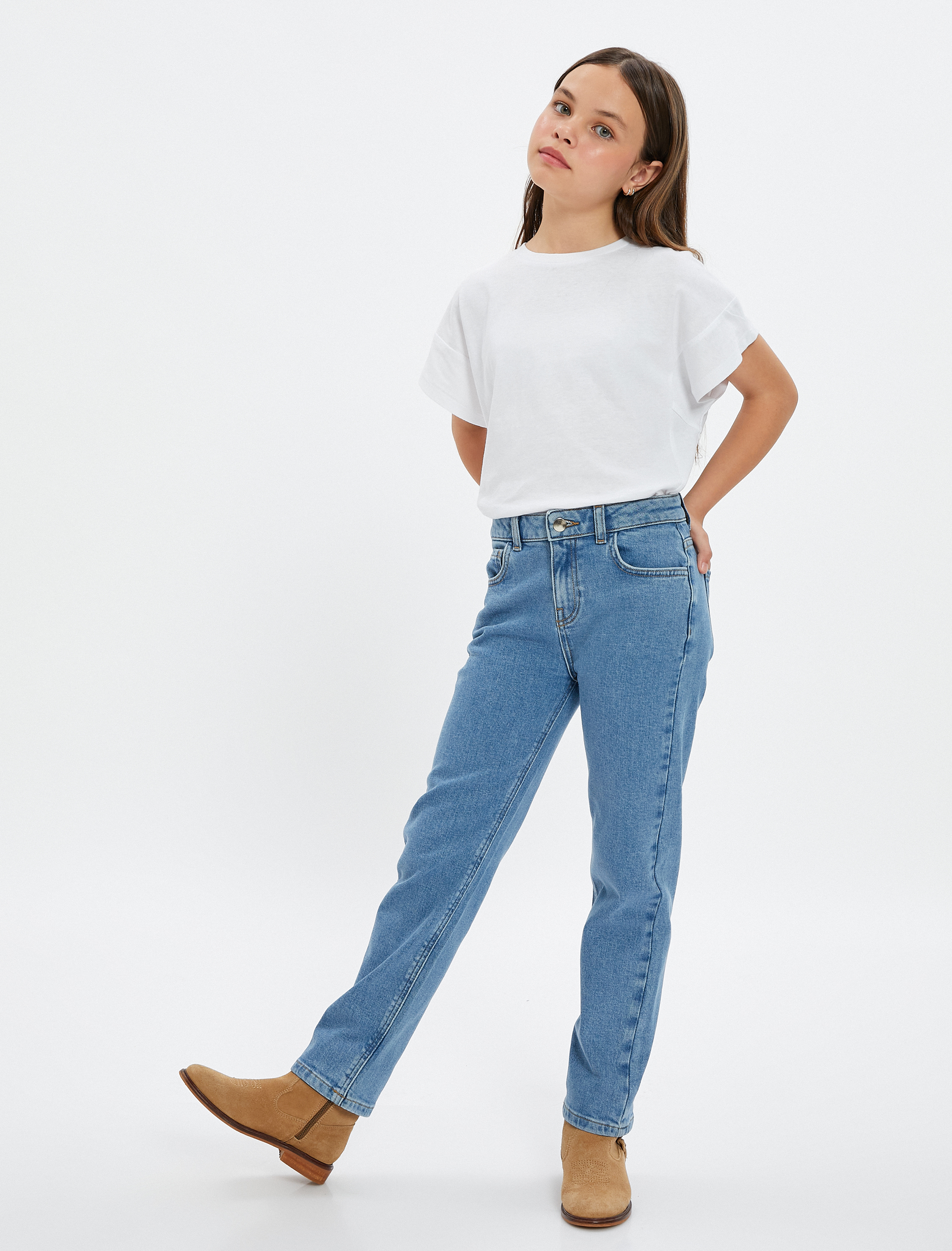  Kız Çocuk Kot Pantolon Rahat Kesim Beli Lastikli - Mom Jean